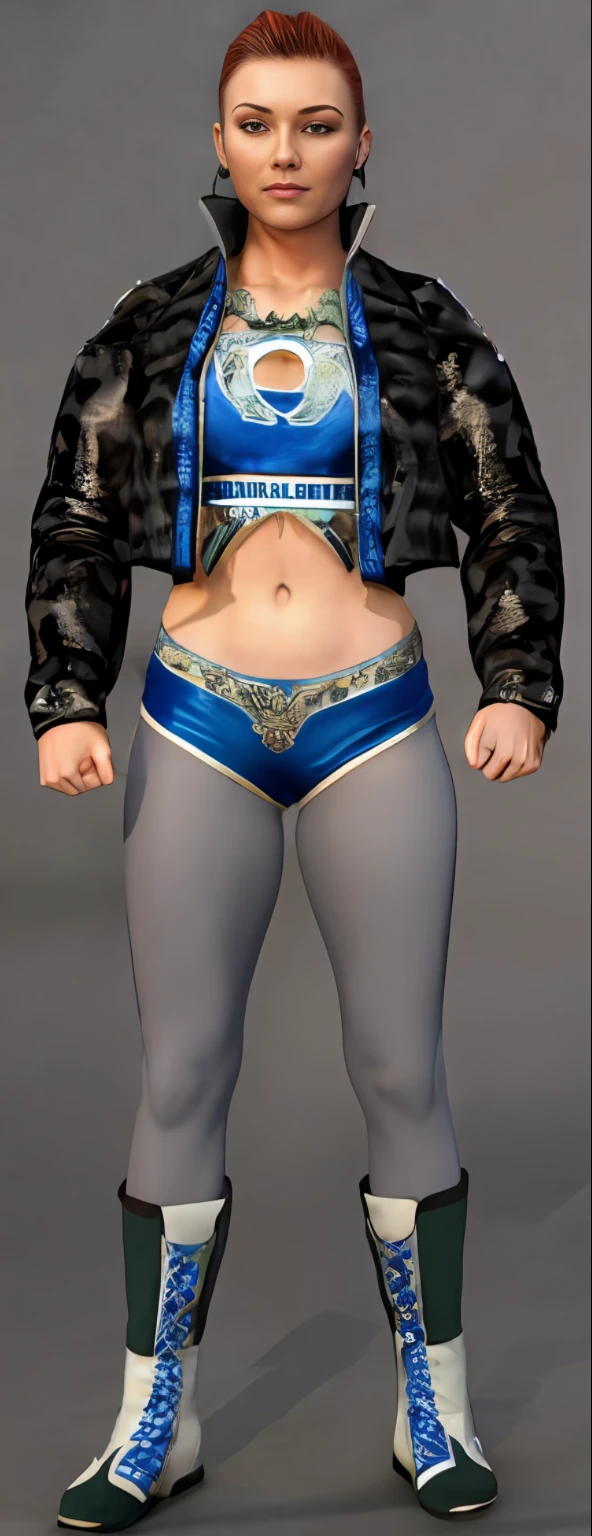 a 3d rendering of a woman in a wrestling outfit, Costume aux accents bleus, in clothes! very detailed, Le plus petit midriff de tous les temps, Style geste lourd gros plan, accents scintillants sur la figure, cheveux roux, cheveux courts ,Taille - Coup de feu, Haut du torse inclus, close up half body shot, exposed midriff, extreme hight detail, exposed waist, full body shot hyperdetailed