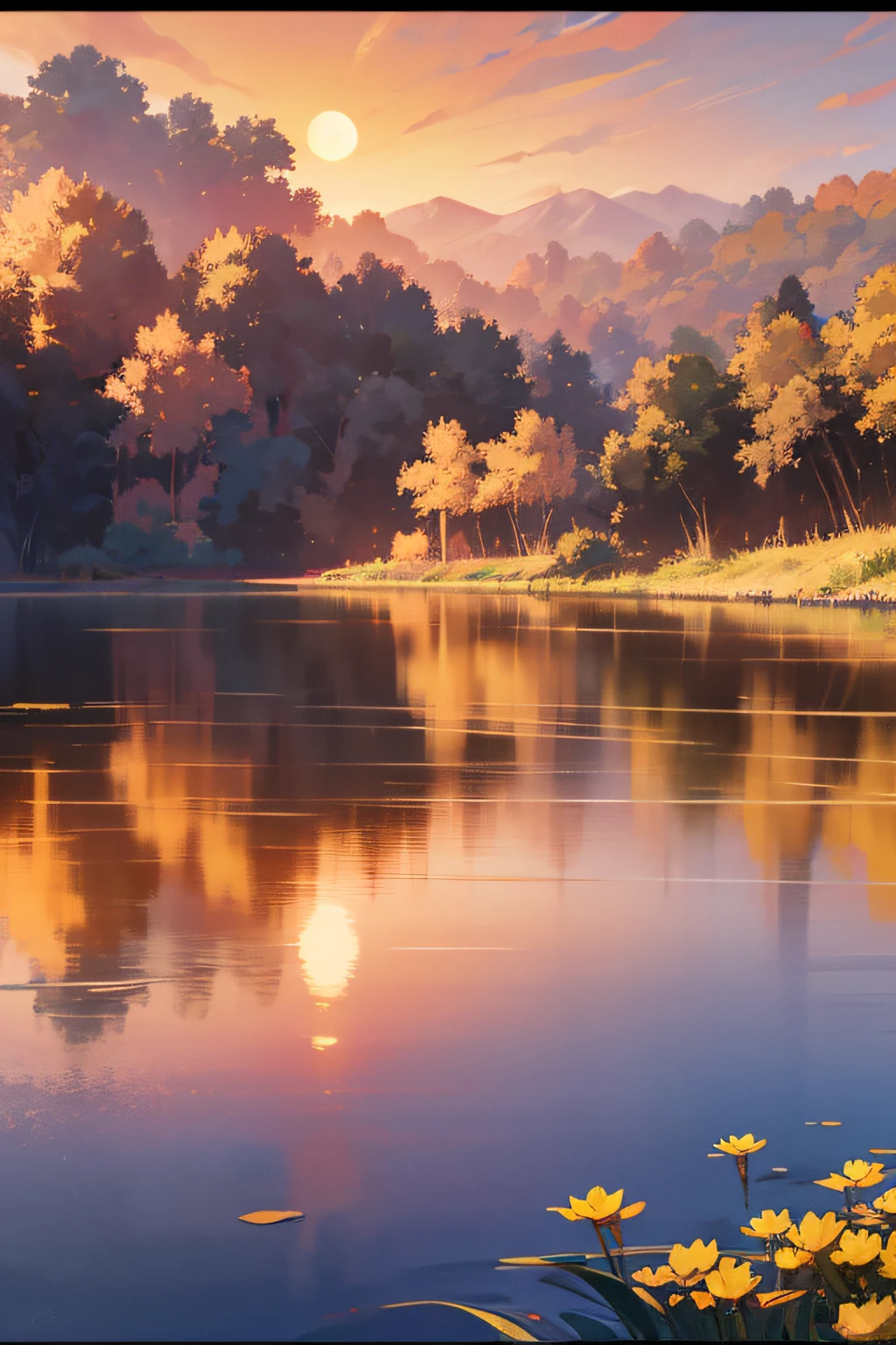 arafed view of a lake with yellow flowers and a sunset, golden hour time, in the golden hour, late sunset, in the golden hour, sunset at golden hour, taken at golden hour, late sunset, Sol da Hora de Ouro, at dusk at golden hour, sunsettime, With sunset，oilpainting，Monet