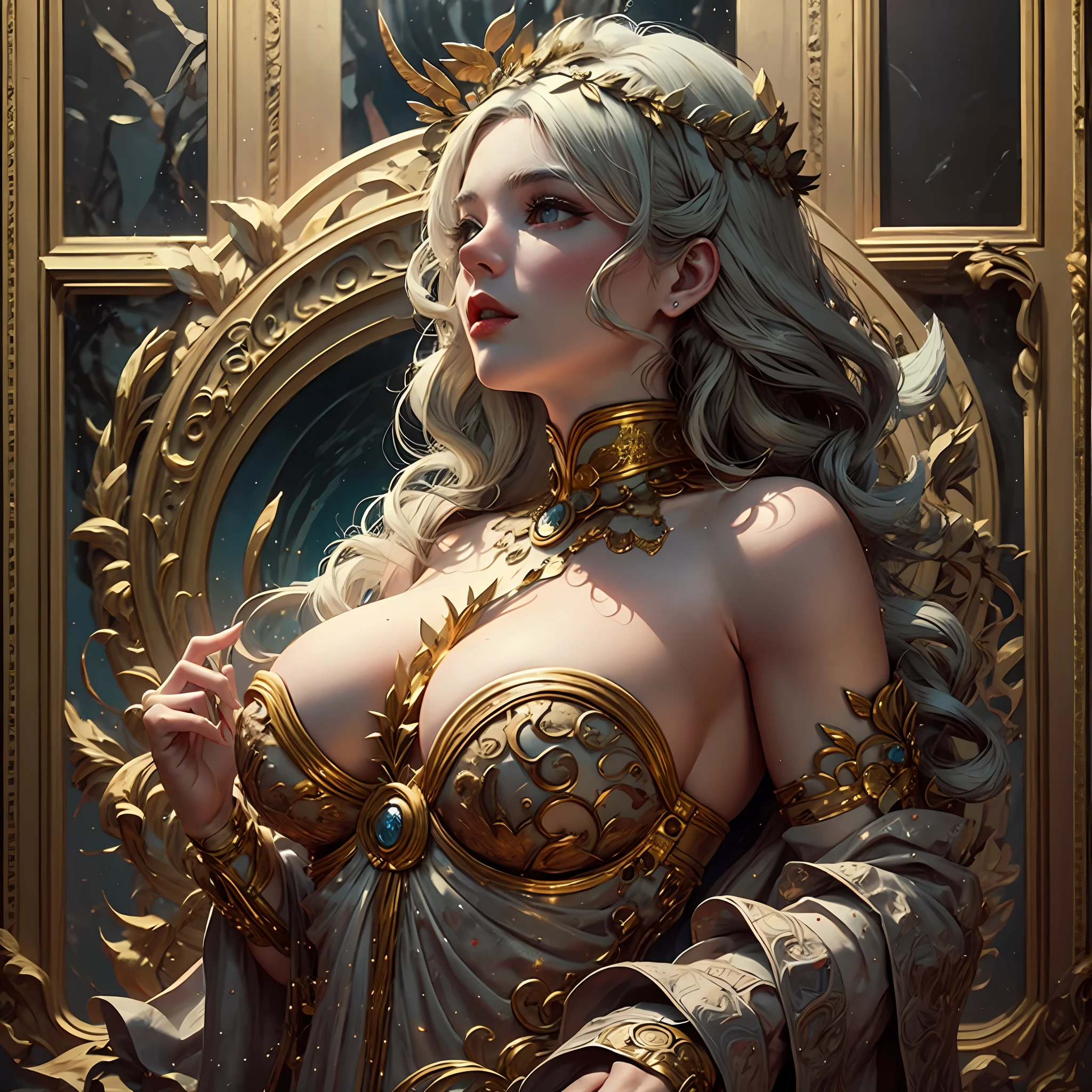 1girl huge large breasts,Greek goddess,Vi delicate and beautiful face,golden hair,Various hairstyles,Garland crown,voluptuous breasts,Convex buttocks,greek clothes,Tulle covers the breasts,perfectly proportioned, Detailed clothing details,Temple,marble,god statue,World Tree,Cinematic lighting, filmgrain, Fujicolor, lightand shade contrast, 8K, 巨作, Textured skin, Super detail, high detailing, High quality, A high resolution,