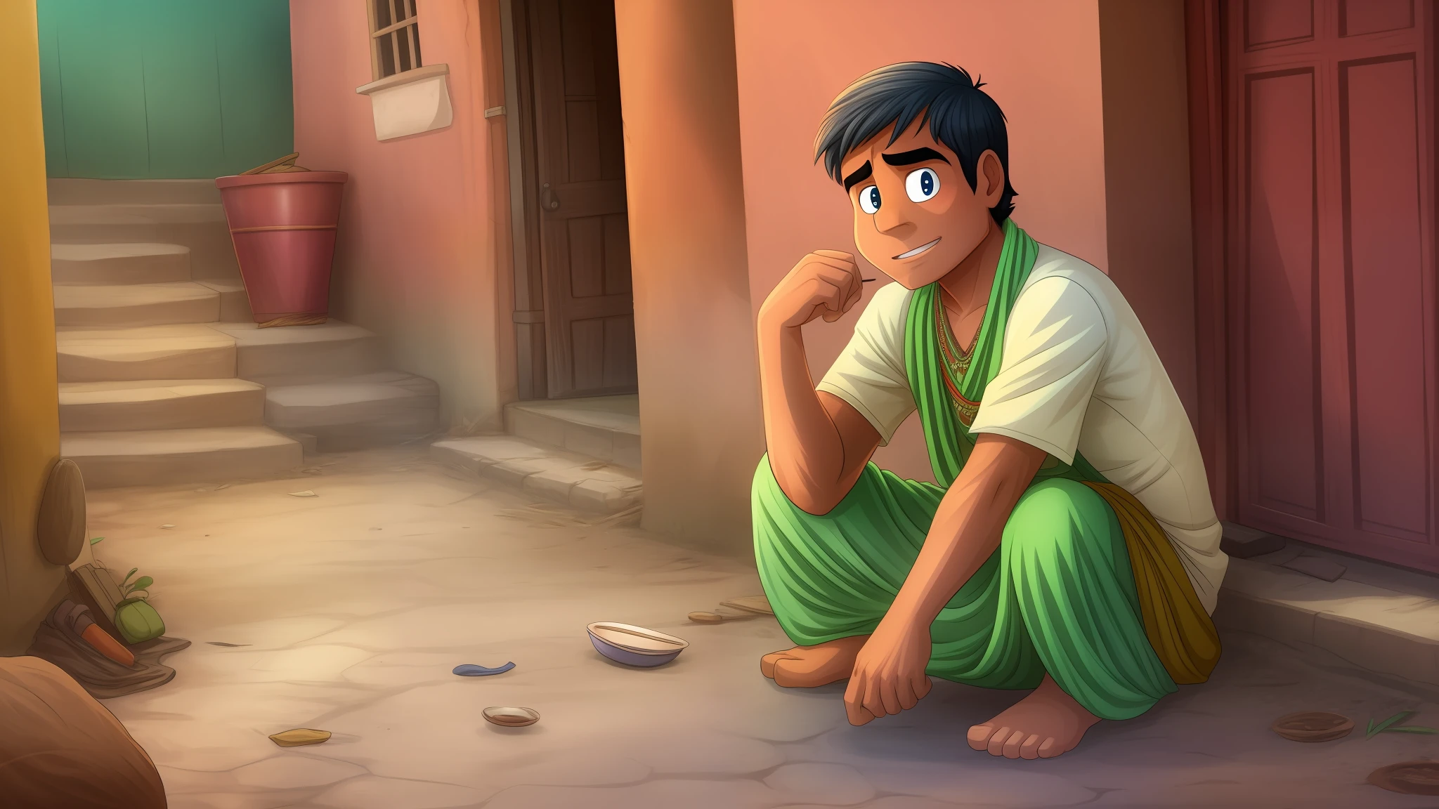 A indian young poor man in village in cartoon