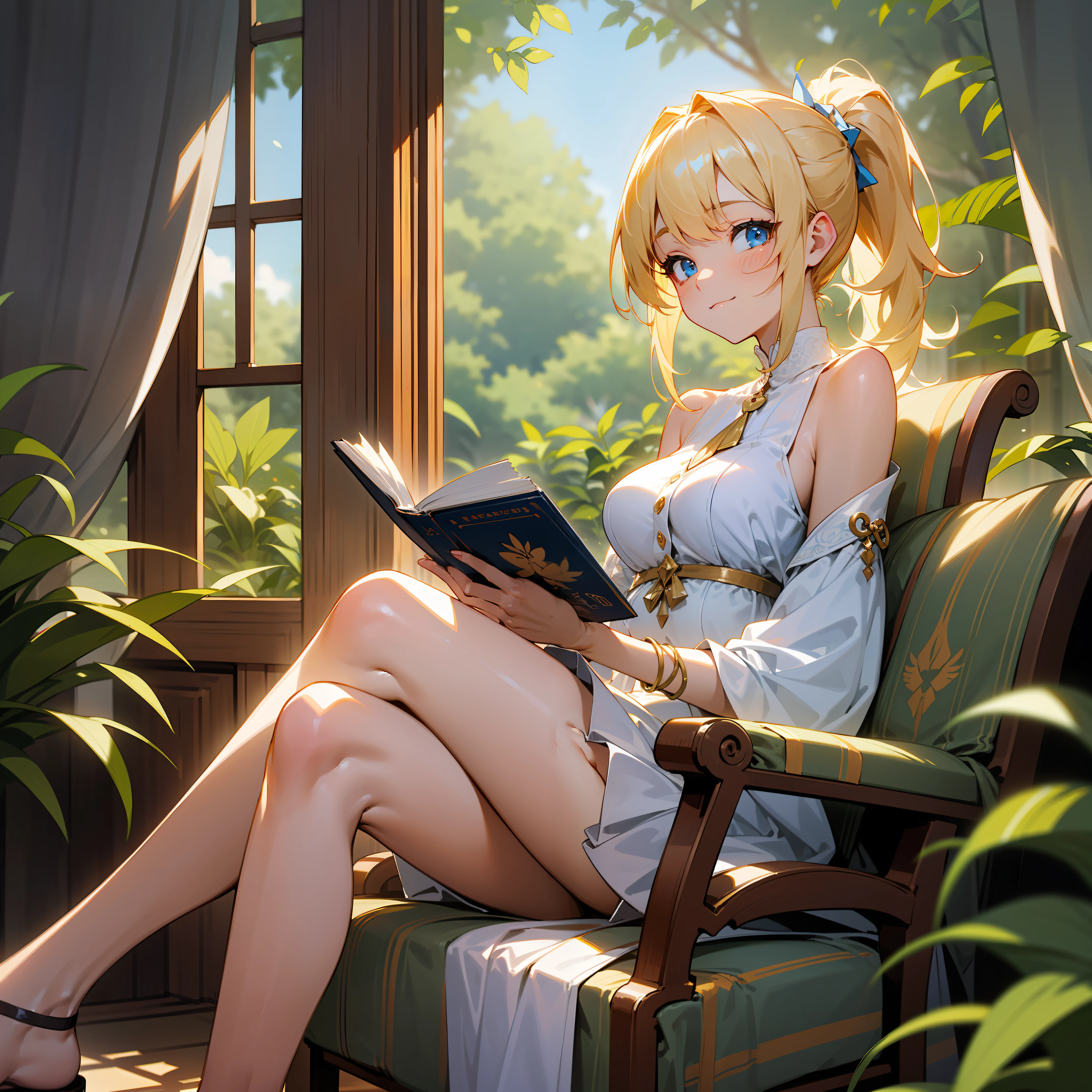 (masterpiece, best quality), (detailed and beautiful eyes), (detailed eyes and detailed face), (beautiful and clear background), (extremely detailed CG, super detailed, best shadows), (( depth of field)), beautiful conceptual illustration, (illustration), (extremely delicate and beautiful), (perfect detail),8k, color photo of a blonde girl sitting in a chair reading a book with a window and an arbor. The girl has blonde hair, big breasts, blue eyes, and a ponytail. She is sitting in a chair with her legs crossed, holding a book , and looking at the viewer with a smile. She is wearing a skirt and a shirt that exposes her bare shoulders. She has bangs and sidelocks, and is wearing sandals. In the background, there is a tree, a plant, and an arbor with a window. The photo should capture a serene and peaceful mood.