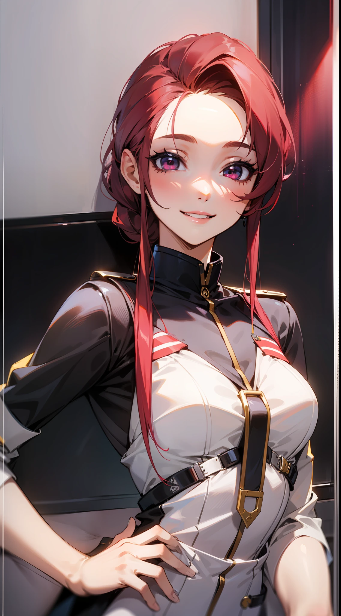Una chica, traje de piloto, cabello trenzas + color darkred, ojos rojos, sonrisa seductora, sexy