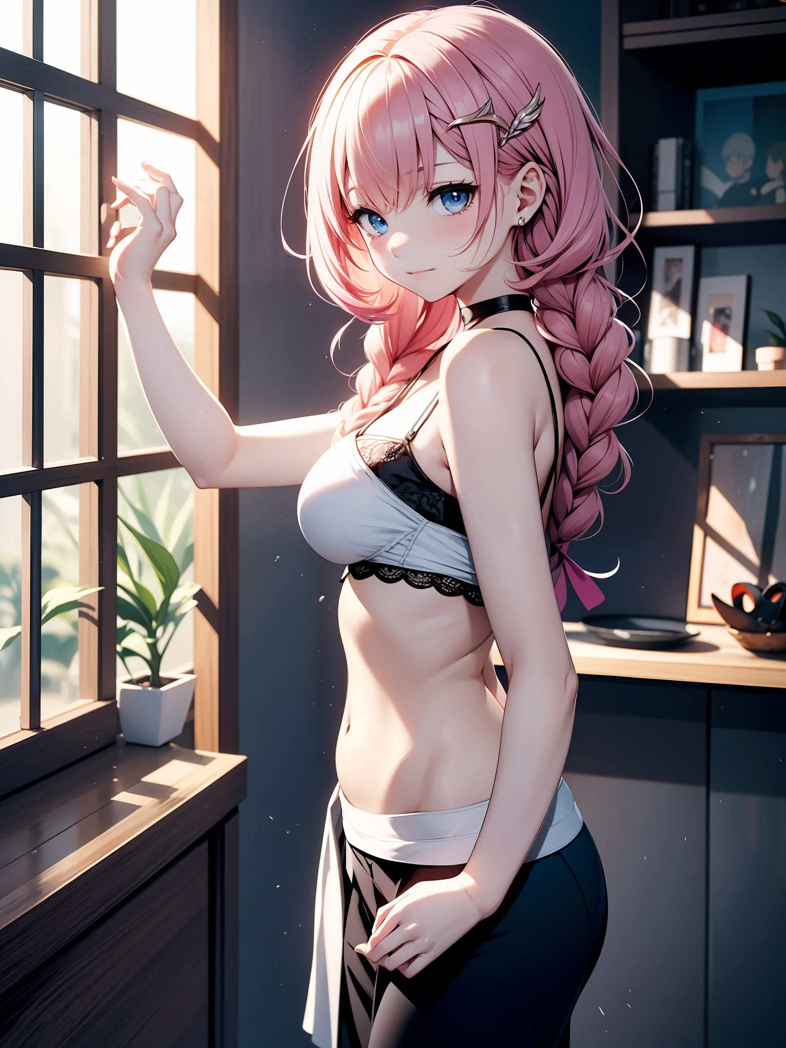 absurdist、ultra hyper-detailed、巨作、最好质量、break、Official art、(Beautifully Aesthetic:1.2)、(watercolor drawings:Curly)。Pink hair。length hair。pleated skirt。Camisole。耳环。e7 Tenebria, Pink hair, two long thin braids, lender body, thin, cheeky face, Small breasts,Blue eyes, Black pants, white short blouse, showing belly, flat abdomen、Devilish Beautiful Girl、a beautifulchi girl、((ep7 denebrea))(kawaii:⒈3)、aged 16、break、colourful hair、Splash、(フラクタルアート1.3)、break、Cat's ears、A sexy、break、humanoide、break、white bikini、break、Random eye color:1.5、break、From Side、watch audience、break、Plush bets、break、shyness、tension、blush on、break、Showa gravure、th all of fours、from behind and be、break