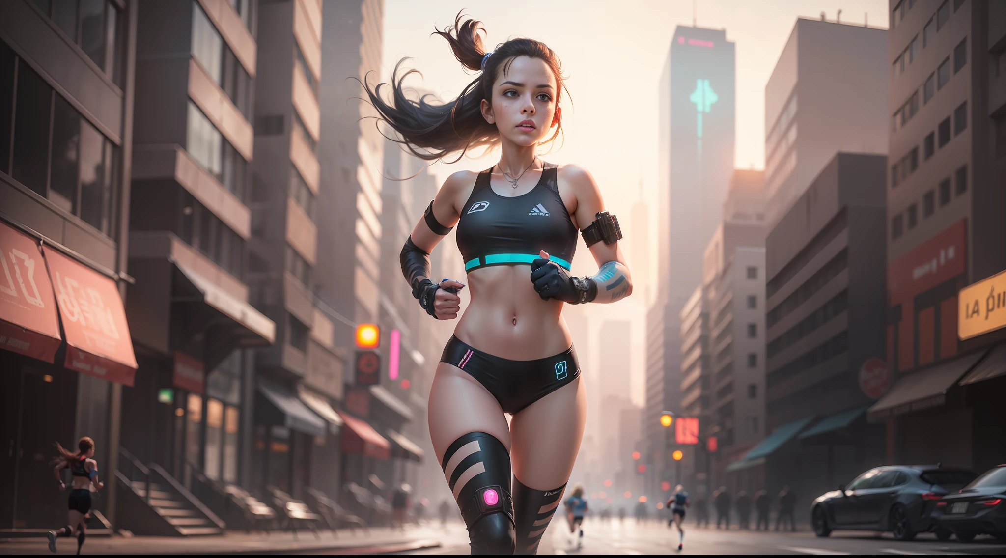 running girl in cyberpunk world