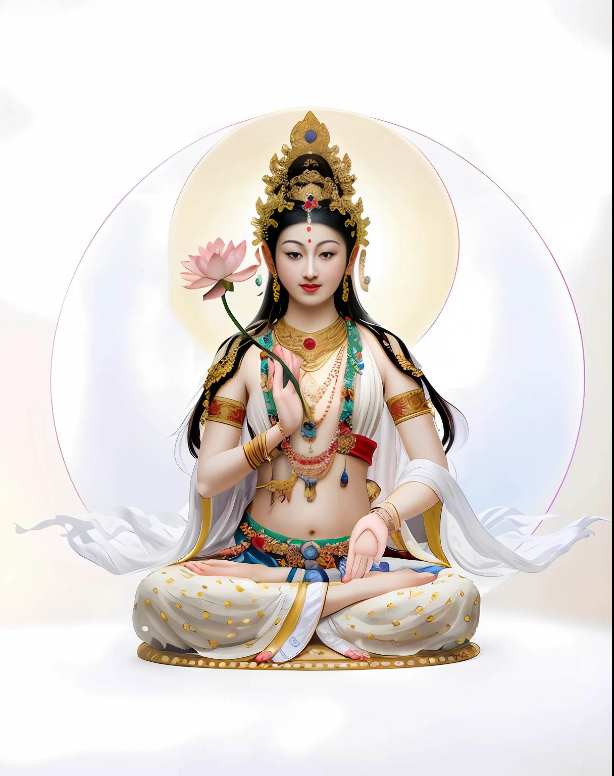 masterpaintings，Ultra-high sharpness，A beautiful bodhisattva dressed in white and holding flowers sits on a lotus flower，All clothes are white，hand seal，The background has a round light，Blue cloudless sky，The picture is clean and bright，Pure and stain-free，