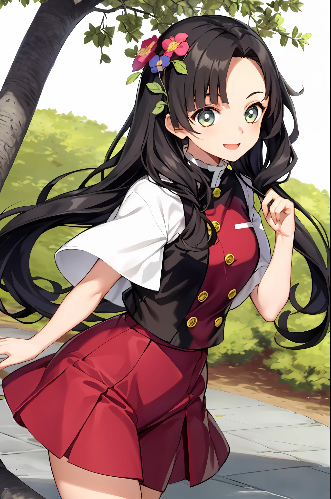 kimetsu no estilo yaiba, 1girl, human, ornamento de cabelo flower, ornamento de cabelo, flower, demon slayer uniforme, solo, olhos roxos, cabelo cacheado solto, sorriso, cabelo branco, franja lateral, tree, colorir anime, ((obra-prima))