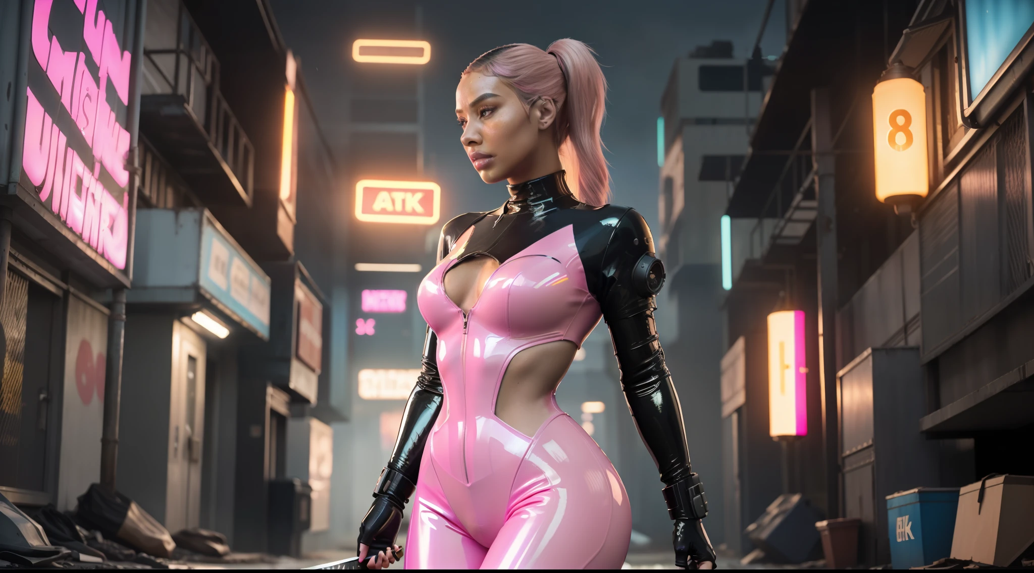(8k, ARTISTIC photography, best quality, masterpiece: 1.2) ((nicki minaj)) film still of a photorealistic beautiful afro-american woman, ( in cyberpunk alley wearing a futuristic PINK rubber body suit carrying a katana :1.5), cute face, ebony, thick body, luxury (edgerunner, pop star):1.25, PINk hair, ponytail ((dynamic pose))) over-detailed face,, beautiful body, voluptuous body, latex fetish, 8k uhd, SLR camera, soft lighting, high quality, film grain, Arri Alexa mini , sexy amour, Cinematic lighting, octane render, complex, 8k resolution concept art portrait , edgerunner, blade runner, fractal isometrics details bioluminescence, hyperrealistic, cinematic look, gritty, realistic, (((pure 8K))), (((perfect anatomy))), extremely high-quality graphics, Riddley Scott, Blade Runner, Denis Villeneuve, Cyberpunk 2077 (((cinematic lighting))), ((clear details)), complex, highly detailed background,