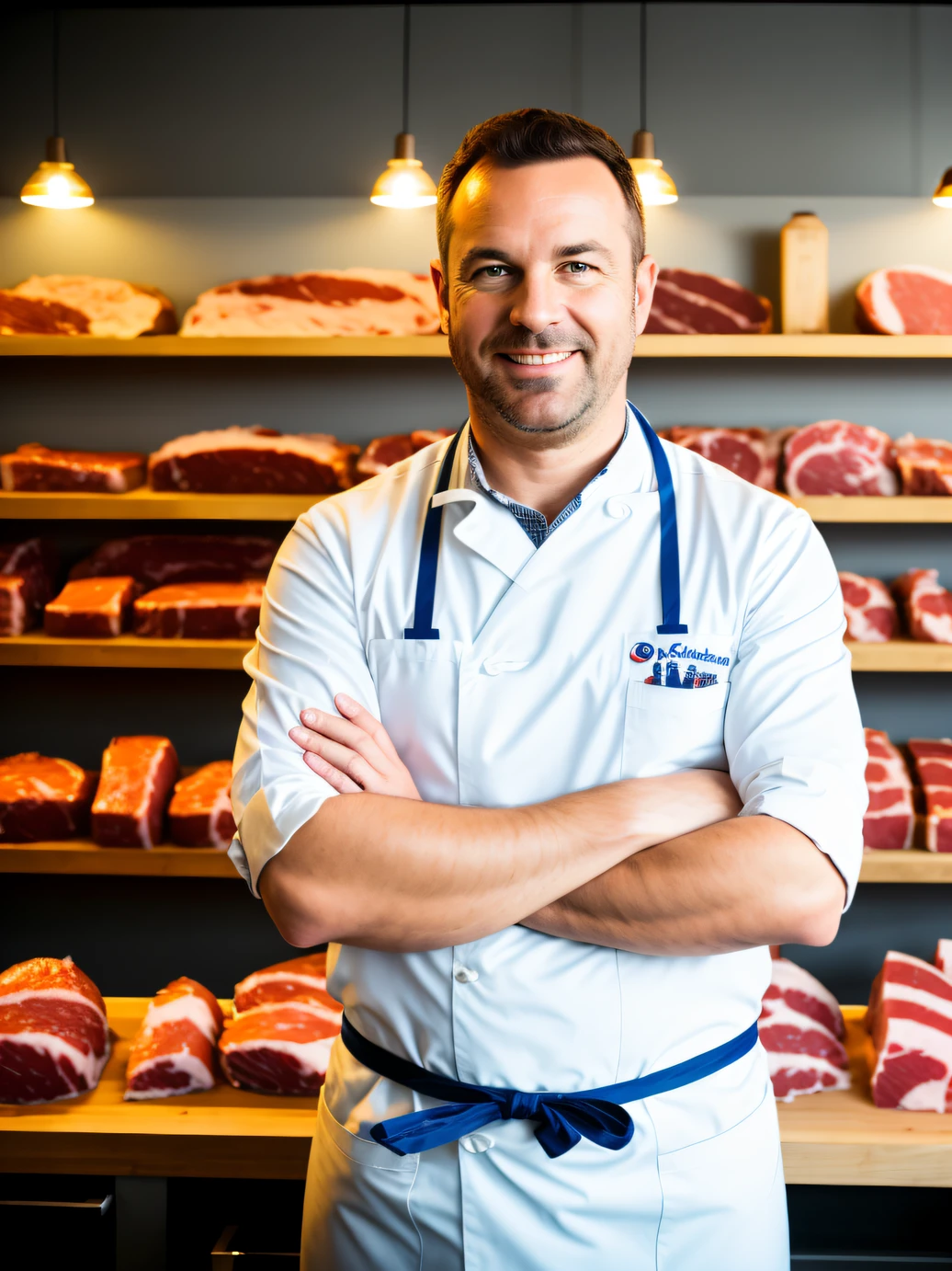 photo by butcher , with arms crossed,avental, logo com a escrita casa de carnes biorchi, butcher shop, flirting with camera.