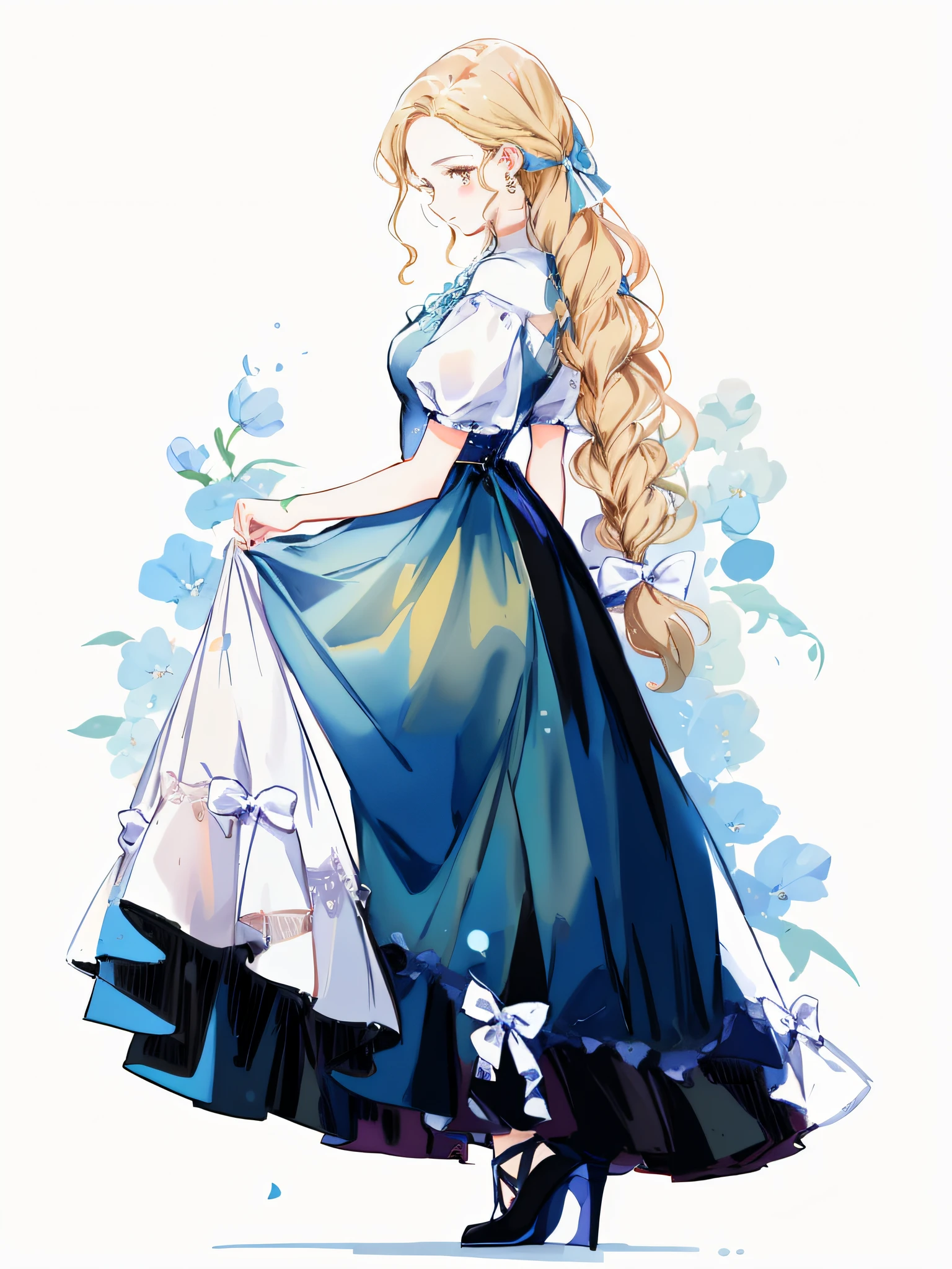 A painting of a woman in a long blue dress, background with white,minimalistic background,elegant drawing, Wearing a flowing blue dress, traditional drawing style, beautiful drawing style, lineart behance hd, animemanga girl,With long blonde hair, black heels,fair white skin