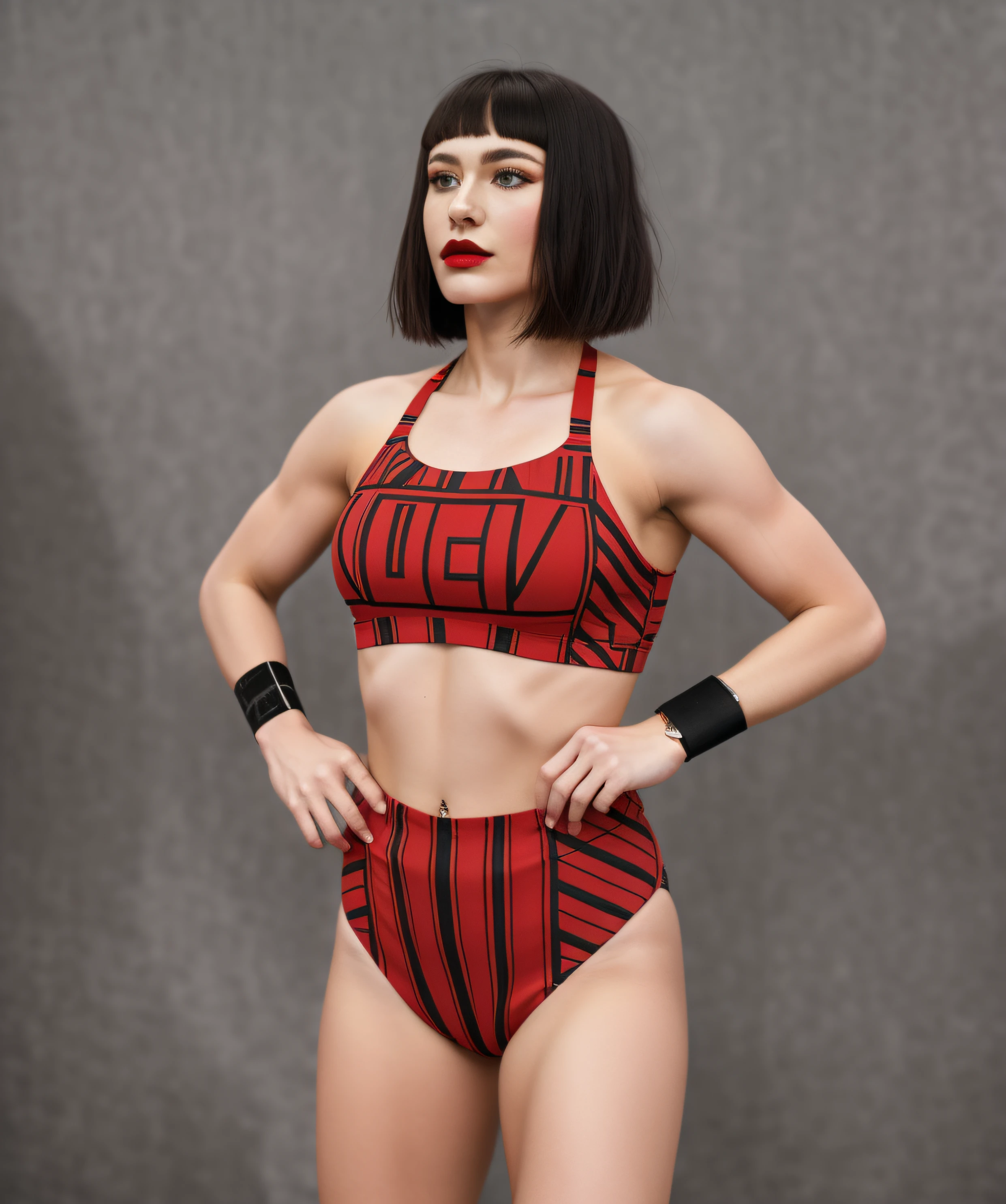 Russian female wrestler with bob-cut, in red and black geometric patterned sports bra that says "LUCIA", red and black geometric patterned high cut trunks, black wristbands, wearing lipstick, photo realistic, intricate details