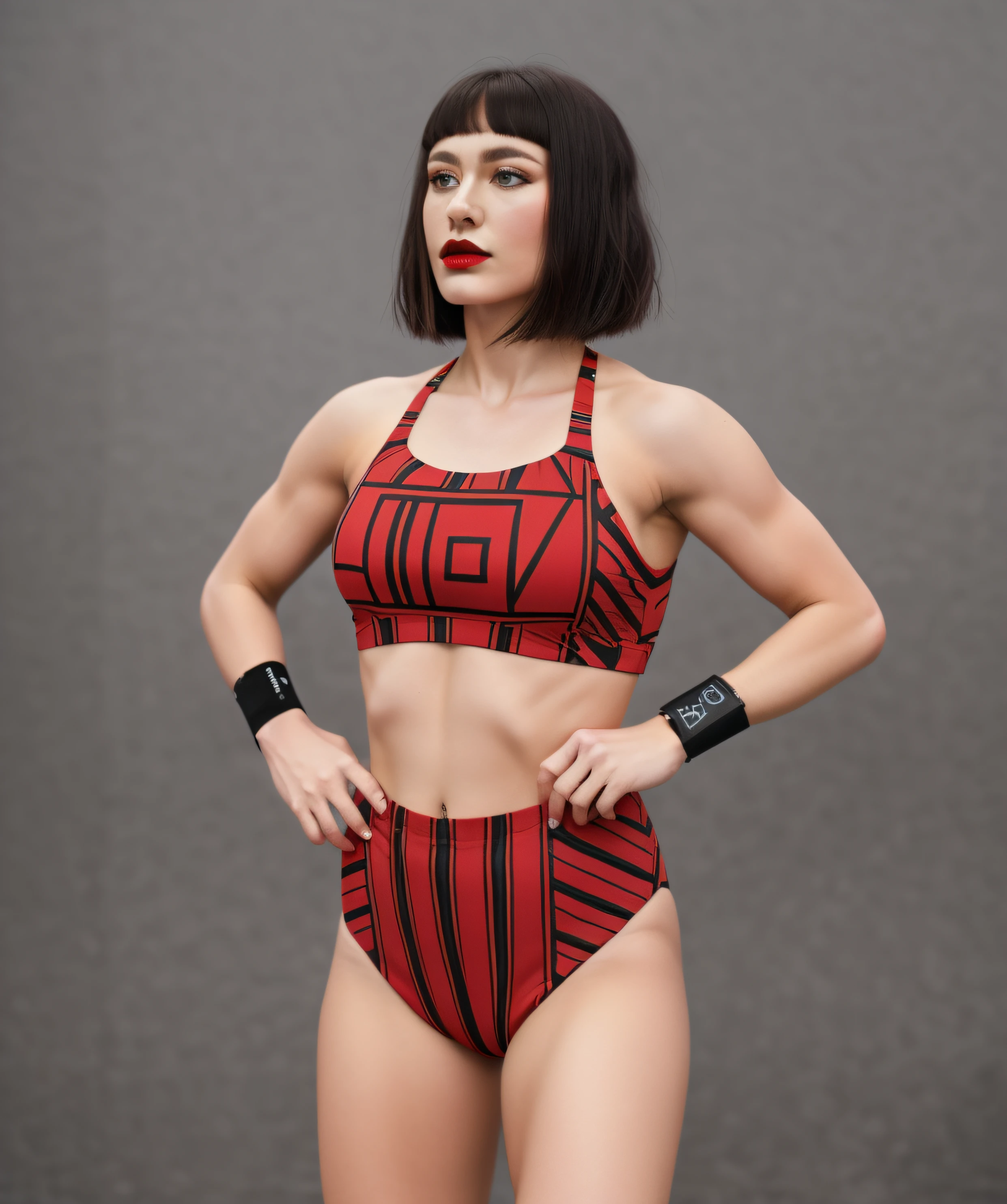 Russian female wrestler with bob-cut, in red and black geometric patterned sports bra that says "LUCIA", red and black geometric patterned high cut trunks, black wristbands, wearing lipstick, photo realistic, intricate details