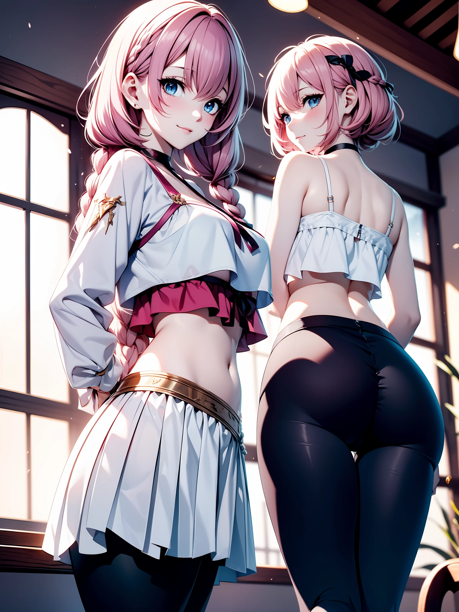 absurdist、ultra hyper-detailed、巨作、最好质量、break、Official art、(Beautifully Aesthetic:1.2)、(watercolor drawings:Curly)。Pink hair。length hair。pleated skirt。Camisole。耳环。e7 Tenebria, Pink hair, two long thin braids, lender body, thin, cheeky face, Small breasts,Blue eyes, Black pants, white short blouse, showing belly, flat abdomen、Devilish Beautiful Girl、a beautifulchi girl、((ep7 denebrea))(kawaii:⒈3)、aged 16、break、colourful hair、Splash、(フラクタルアート1.3)、break、Cat's ears、A sexy、break、humanoide、break、white bikini、break、Random eye color:1.5、break、From Side、watch audience、break、Plush bets、break、shyness、tension、blush on、break、Showa gravure、th all of fours、from behind and be、break