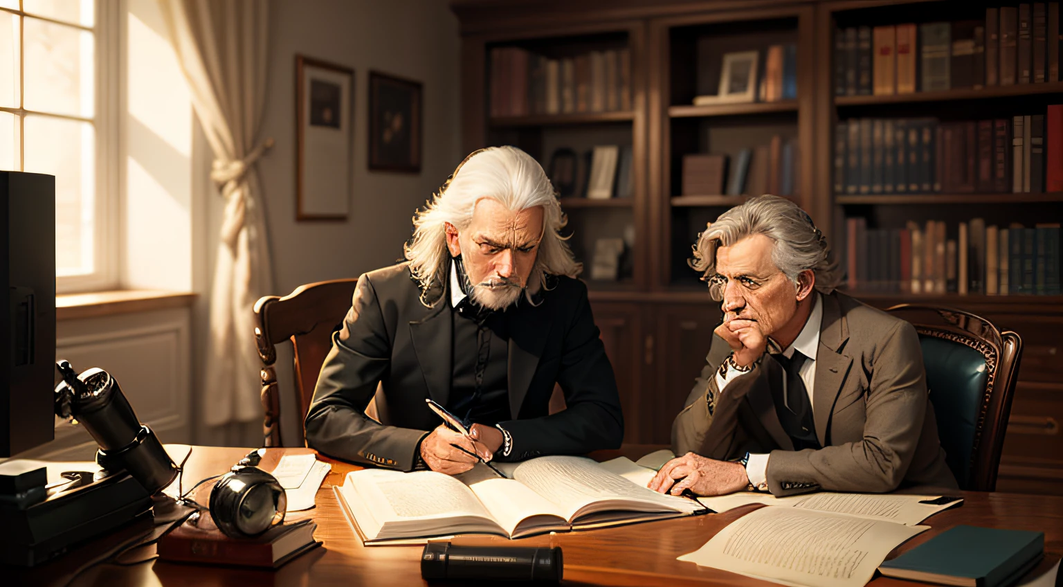 "Imagine uma imagem que represente os grandes pensadores do Iluminismo - Voltaire, Rousseau, Locke e Newton. Na imagem, The four philosophers are gathered in a lighted room, onde a luz do sol entra pelas janelas, symbolizing the enlightenment of knowledge.

Voltaire is sitting in an armchair, segurando um livro e uma pena, with an expression of intense contemplation on his face. Rousseau is standing, next to a bookshelf full of books, com um olhar reflexivo enquanto segura um manuscrito. Locke is at a table, surrounded by papers and pens, profundamente concentrado em seus escritos.

Newton, por sua vez, It is near a table with a telescope and a set of scientific instruments, observando o universo. His expression reveals curiosity and fascination before the mysteries of nature.

The image should portray the intellectual atmosphere of the period, com livros empilhados, pergaminhos, scientific maps and symbols scattered throughout the environment. A picture on the wall may represent some scientific discovery or a symbol that summarizes the ideals of the Enlightenment, like a lit torch or a tree of wisdom.

As cores predominantes devem ser suaves, transmitindo um clima de serenidade e pensamento profundo. The lighting must be carefully crafted to highlight the faces of the thinkers and emphasize their importance in the history of the Enlightenment.

Let your imagination flow as you create this image, seeking to capture the essence of the thinkers and their contribution to the age of the Enlightenment." --auto
