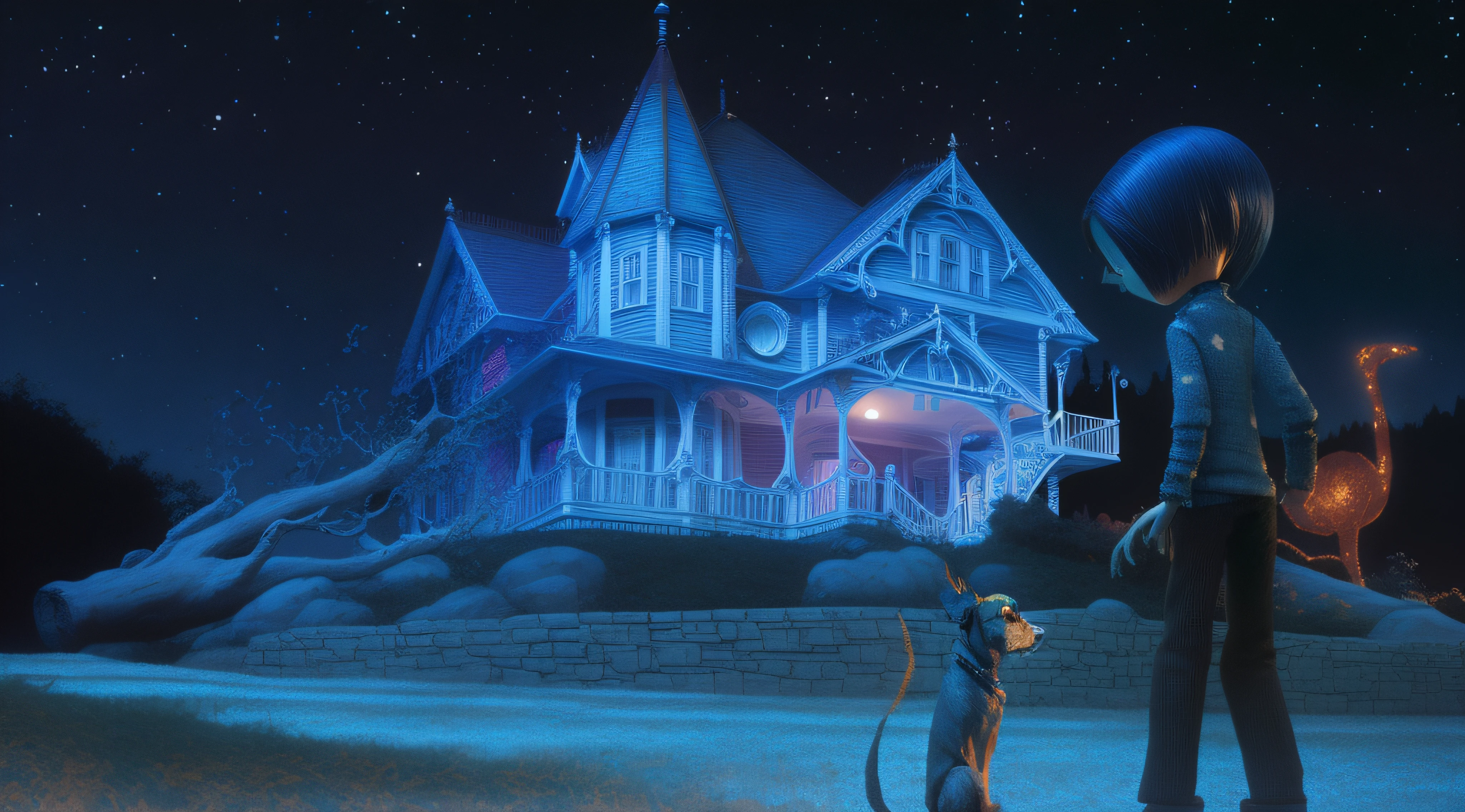 there is a man and a dog standing in front of a house, michael whelan and pixar, still from a 2001 pixar movie, 3 d render and matte painting, pixar highly detailed, matte painting arcane dota pixar, inside her surreal vr castle, eerie highly detailed, still from animated horror movie, global illumination. vfx --auto
