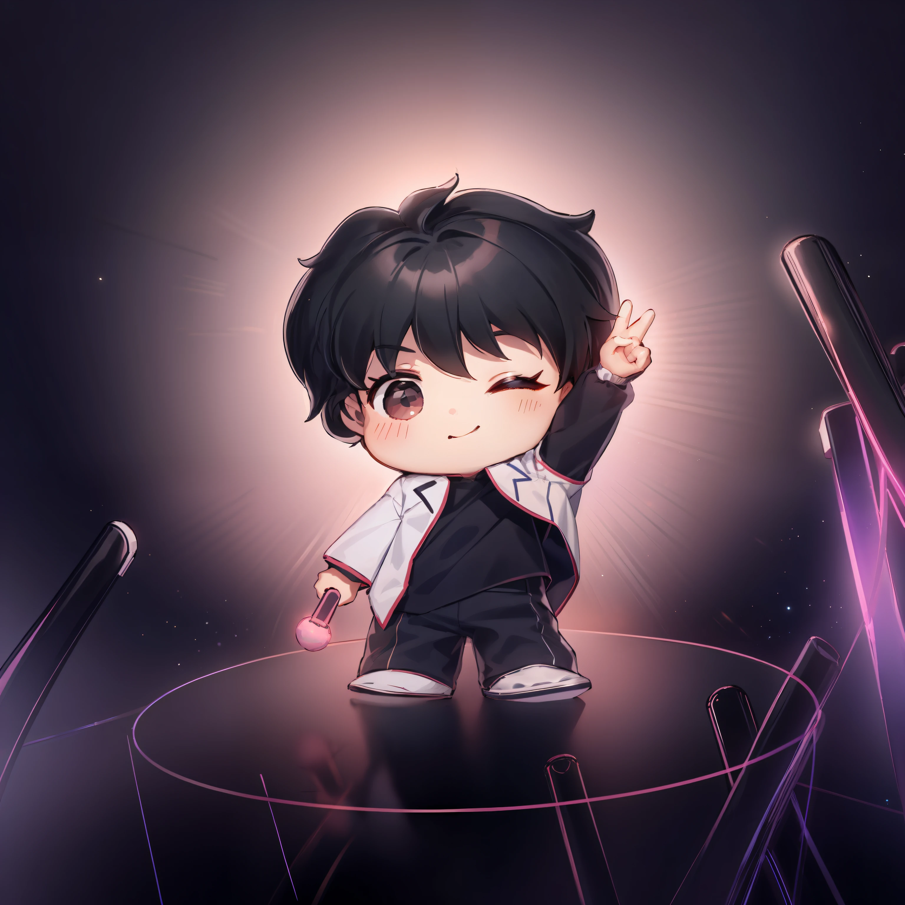 During the concert, a boy is on the stage in the scene of Biye, surrounded by the phantom of a glow stick. Q version of cute characters, anime style, gorgeous, dazzling lighting