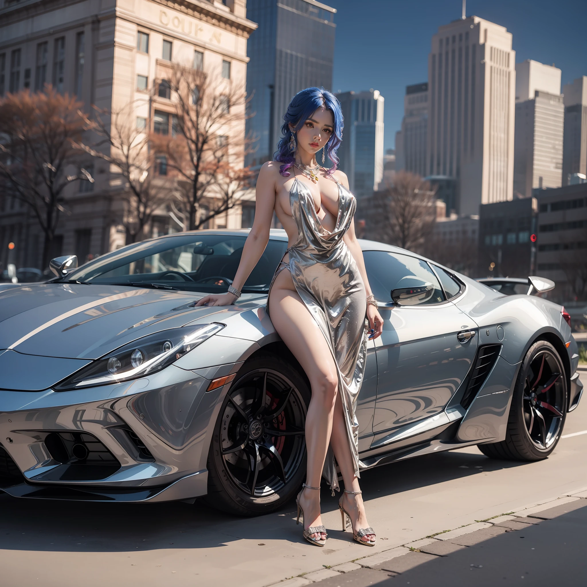 arafed woman in a silver dress standing next to a car, Inspired by Hédi Sant, Sexy girl, karol bak uhd, Sexy dress, amouranth as a super villain, author：Adrian Zingg, amouranth, Luxury dress, chrome body, Super car, mais conhecido como Amouranth, japanese pretty woman,Realistic1.4