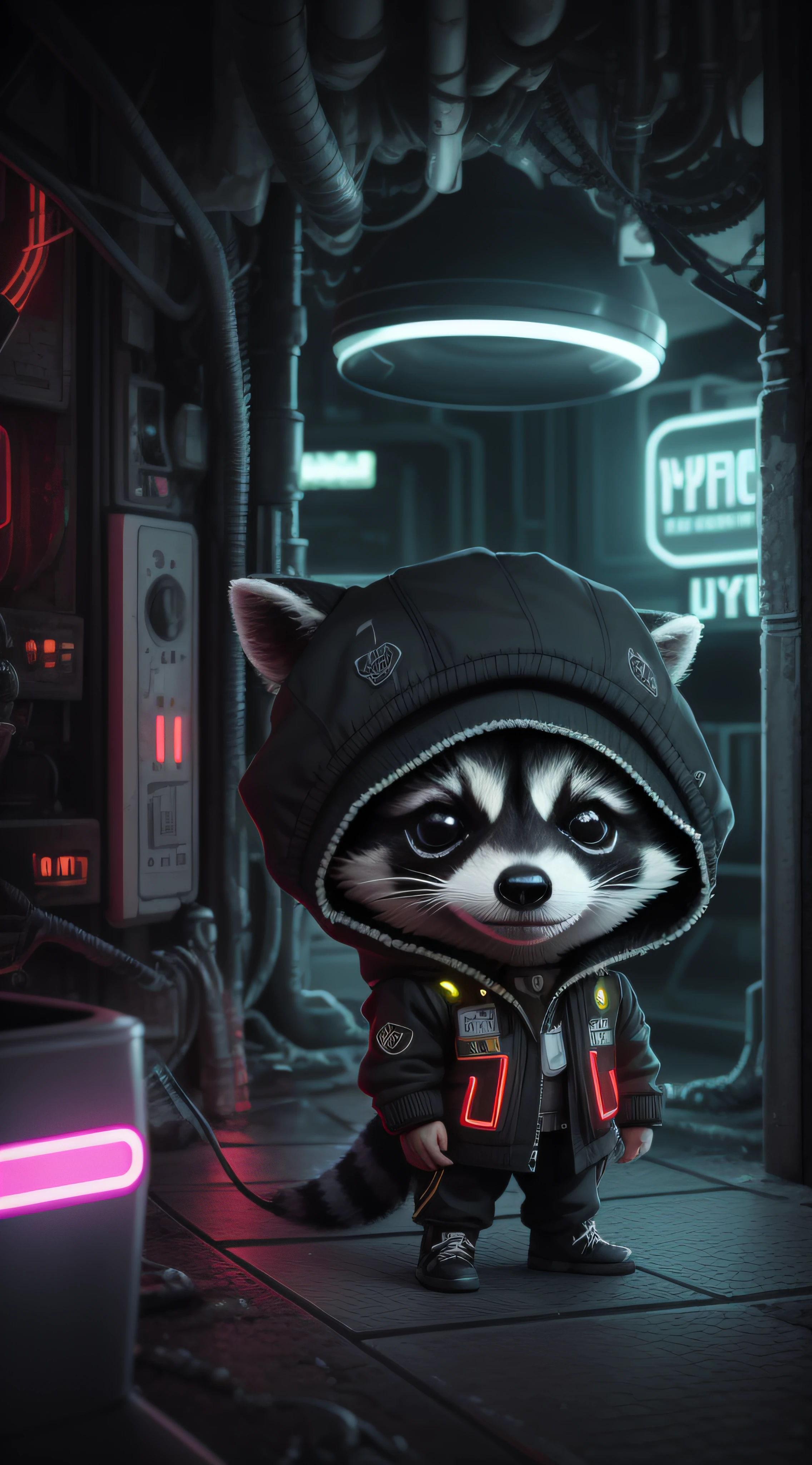 isometric view of a chibi cute hyperrealistic futuristic soldier raccoon wearing cyberpunk jacket. Cinematic, hyper detailed, black neon background , highly detailed, zoomed out, --auto