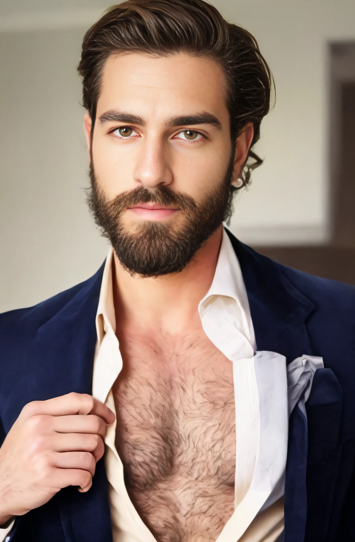 a close up of a man with a beard and a suit jacket, homem muito atraente com barba, modelo, pose eleante, foto realista, foto de corpo inteiro