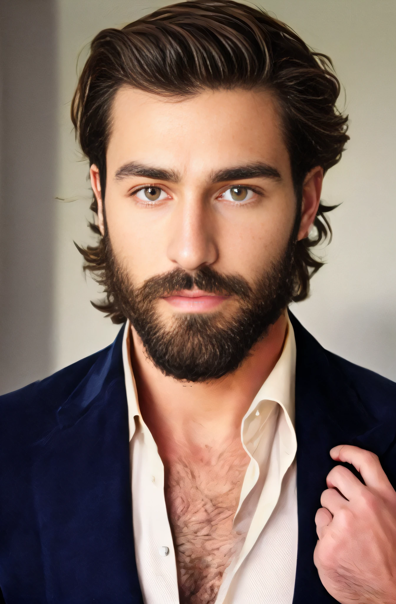 a close up of a man with a beard and a suit jacket, homem muito atraente com barba, modelo, pose eleante, foto realista, foto de corpo inteiro