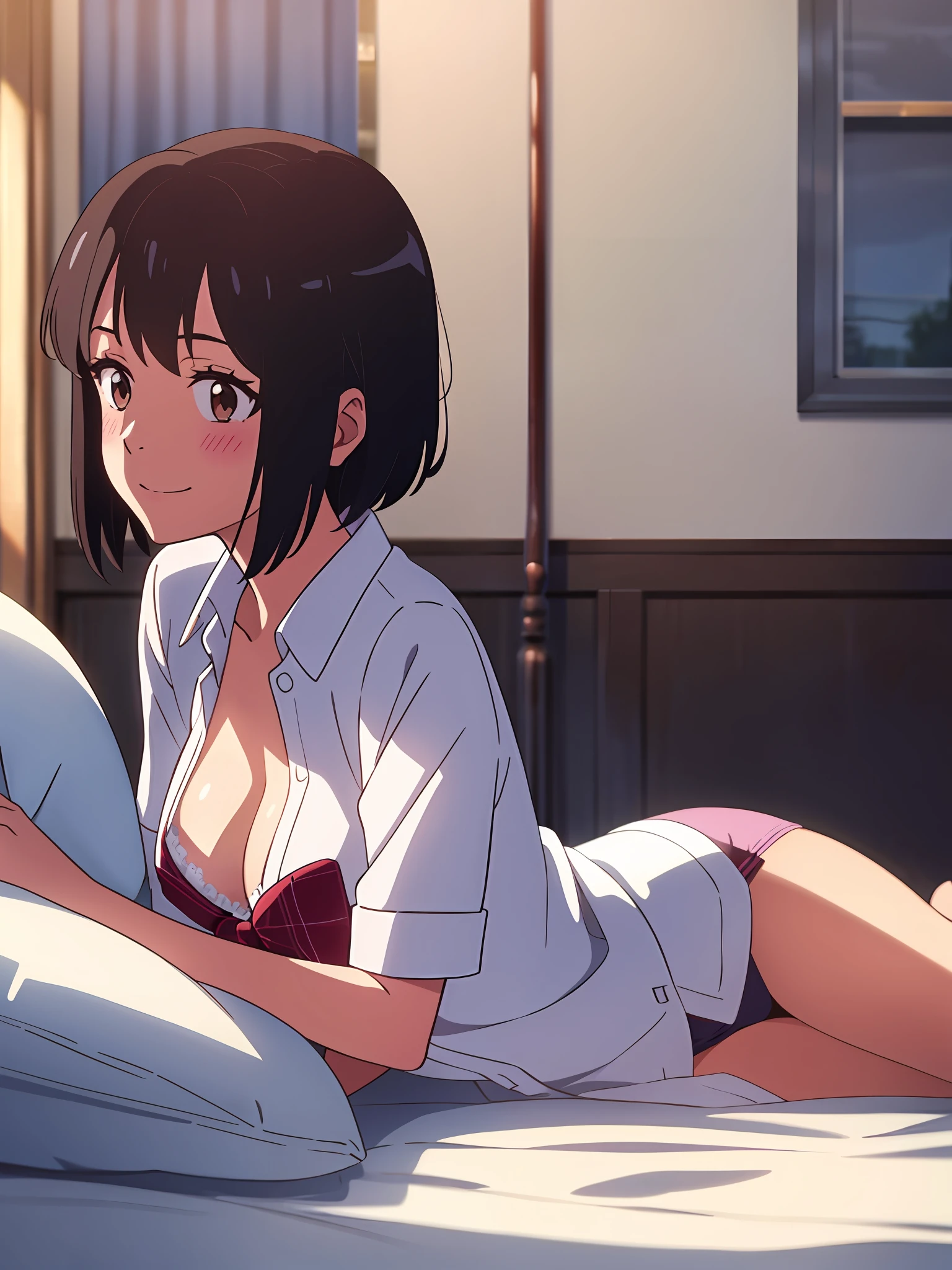 shinkai makoto, kimi no na wa., 1girl, bangs, black hair, blush, bow, brown eyes, collared shirt, school uniform, shirt, short hair, smile, solo, full body, white shirt, bed, bedroom, lying, relaxing, pillow, blanket, cushion, thigh, indoor, on side, on bed, barefoot, night, open shirt, white bra