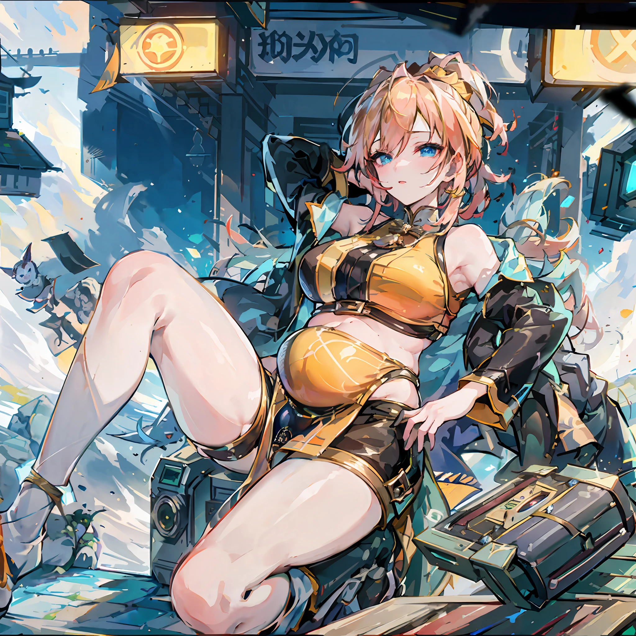 masterpaintings, Best quality, (Detailed eyes and skin), ((Realistic)), jixiaoman, 1girl huge large breasts, The blonde_Hair, Yellow_clothes, Black_clothes, Blue_Eyes, Blue_Sky, blury, blury_Background, blury_foreground, (Modern_City:1.5), mediating_breasts, Exercise_blury,The photograph_\（curly\），Short Hair Hair，skyward，独奏，Upper body body，Pregnant belly，Beth，Showing the belly，youthfulenergy，18-year-old girl，lovly，Two-dimensional painting style，pregnant women with，black bathing suit