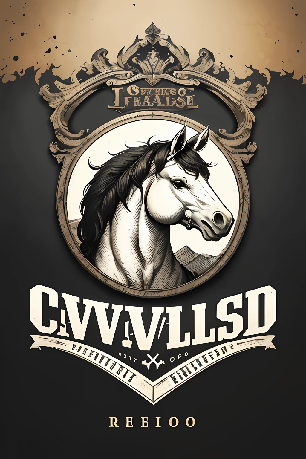 Logotipo de cavalo vetorial, silhuetas, vetorial, Wild West Stile, Faroeste, moldura redonda, cinematographic, geometrical forms, Preto e branco, Rock and roll