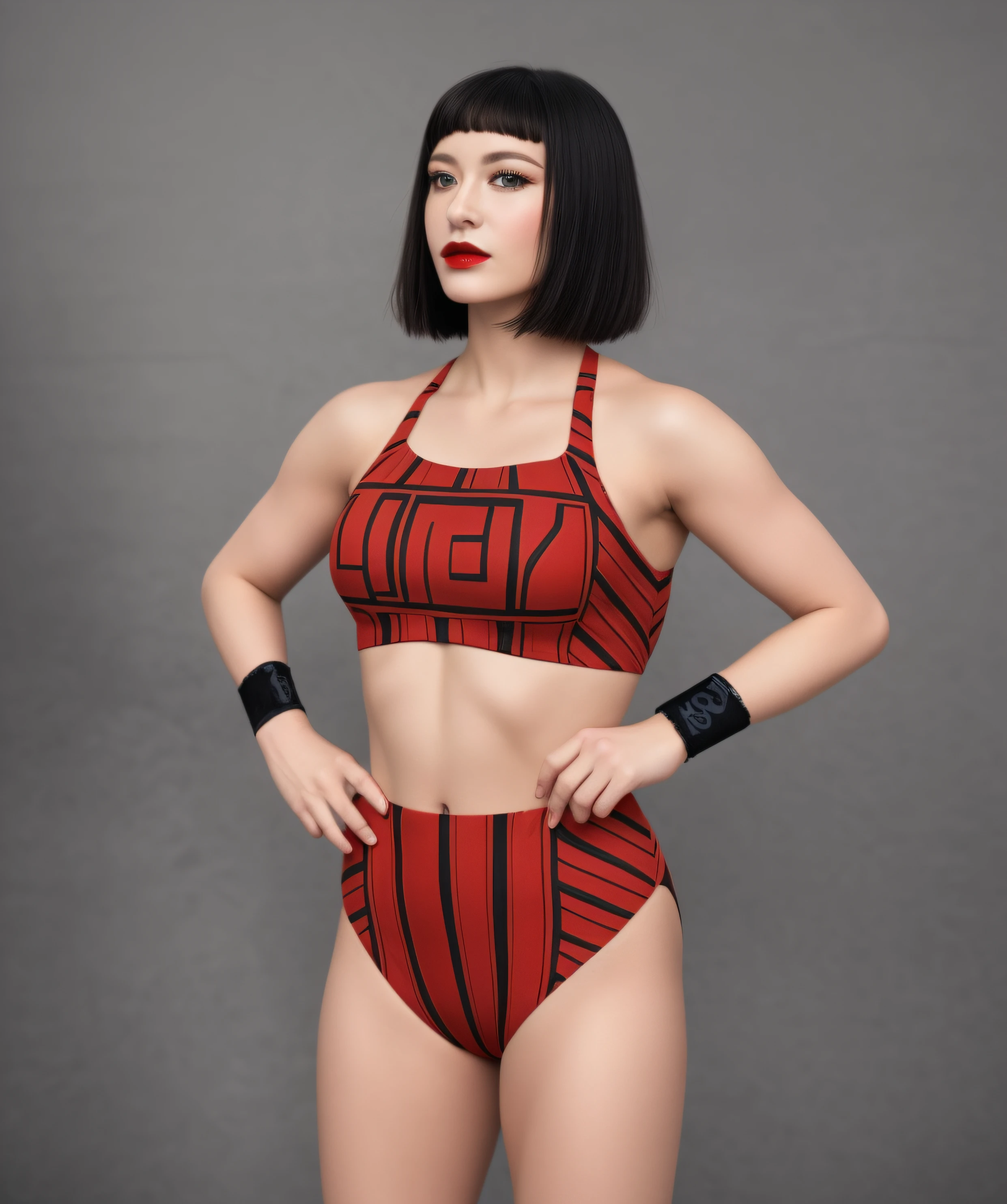 Russian female wrestler with bob-cut, in red and black geometric patterned sports bra that says "LUCIA", red and black geometric patterned high cut trunks, black wristbands, wearing lipstick, photo realistic, intricate details