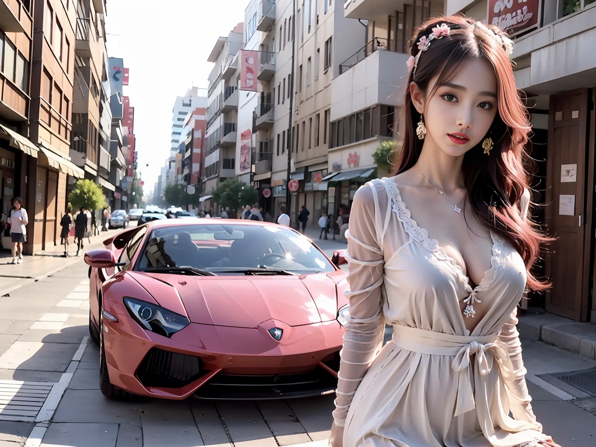 blackpink girl with katana and pink hair,lamborghini in the background of a japanese city,