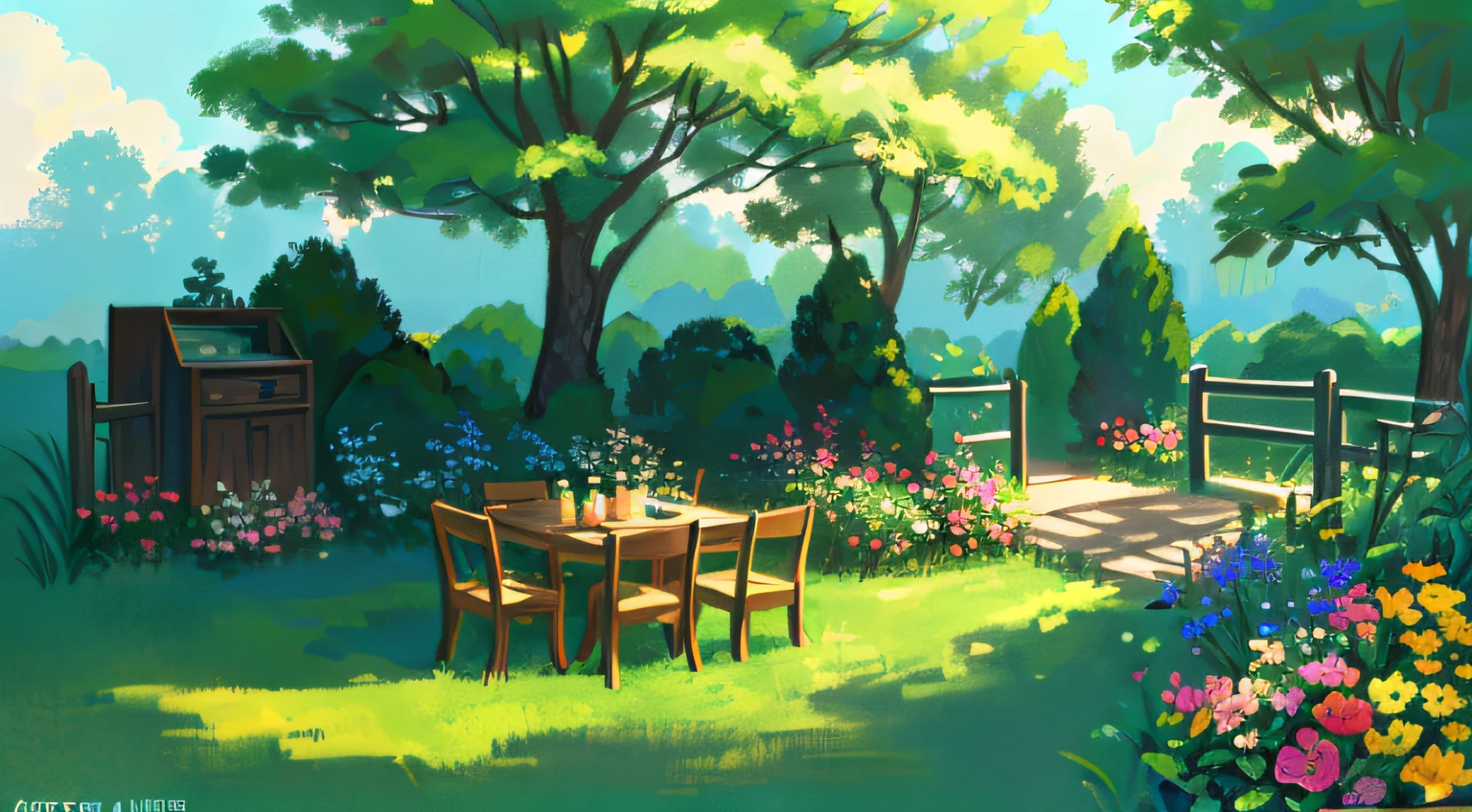 there is a painting of a picnic table in the grass, relaxing concept art, Anime Background Art, Summer afternoon, floral environment, arte de fundo, Garden background, sunny meadow, a beautiful artwork illustration, flower garden summer morning, by Shitao, Anime Background, background artwork, anime lush john 8k woods, painted in anime painter studio, landscape artwork