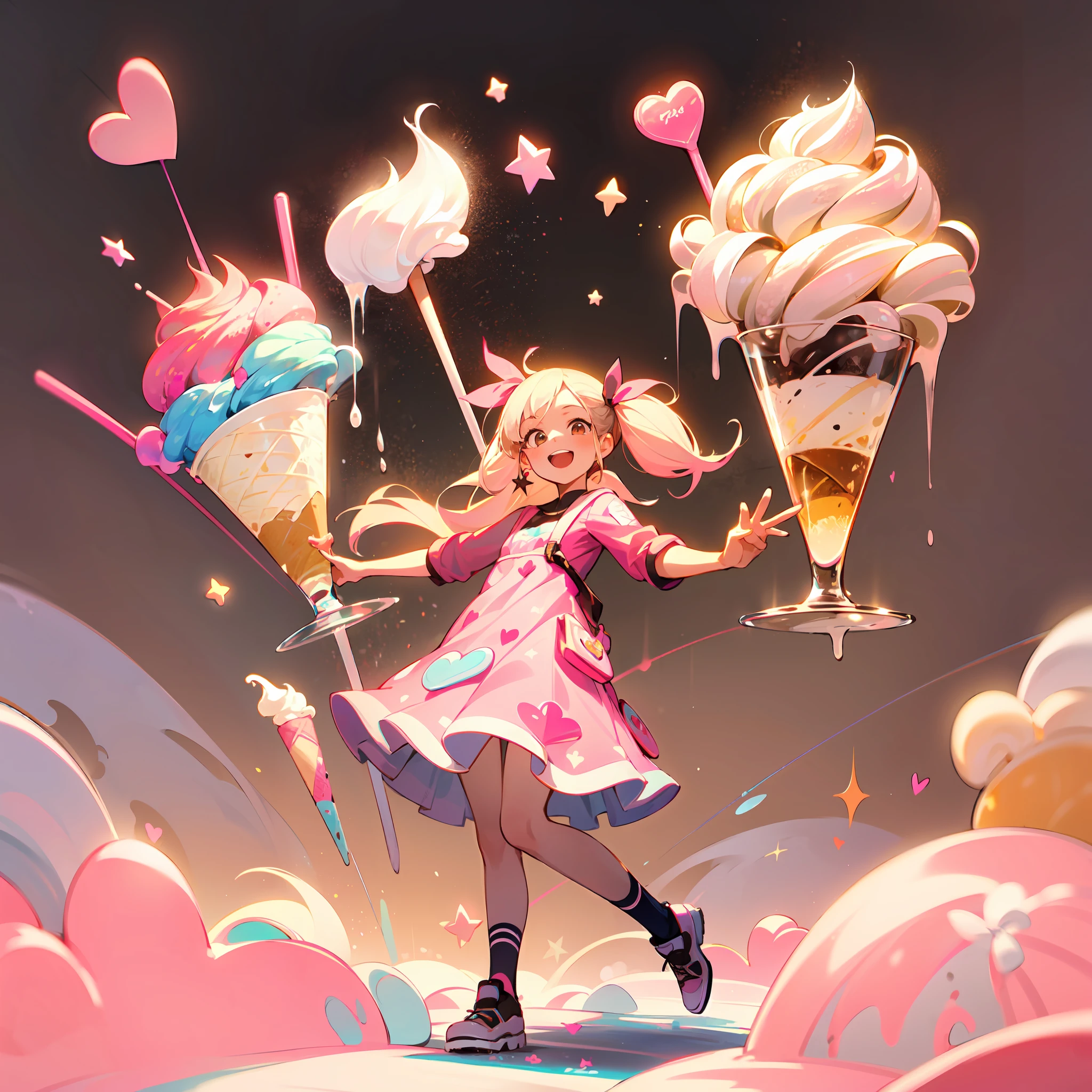 1girl, ice cream, napolitan flavor, ((color palette: brown, pink, vanilla off-white)), pretty, hearts, sparkles, star effects, bokeh, cute, happy, jumping floating, pattern background, ice cream shop, icecream car, 🍦🍨🍭, tasty trifecta of classic ice cream flavors