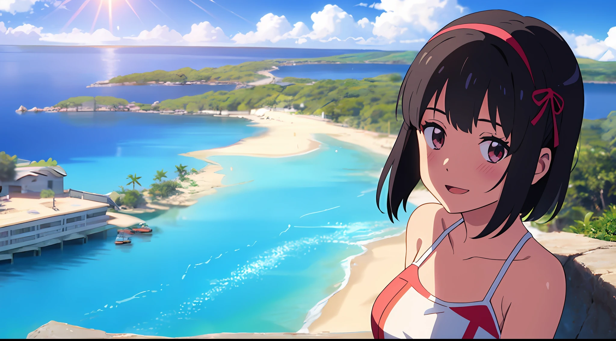 shinkai makoto, kimi no na wa., 1girl, bangs, black hair, brown eyes, headband, red headband, short hair, smile, beach, sand, ocean, palm, island, sun rays, splash, shadow, solo, muse, open mouth, blush, looking at the viewer, blue sky, happy, cloud, sunrise, swimsuit, bikini, masterpiece