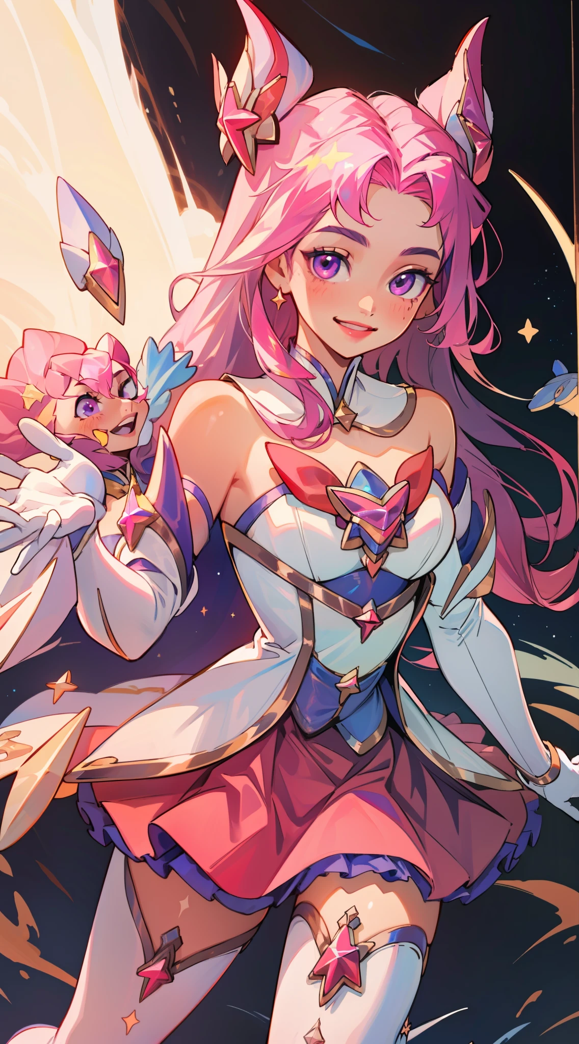 (masterpiece, best quality),  intricate details, 8k, artstation, wallpaper, official art, splash art, sharp focus,
1girl,   Star_Guardian_Kai'Sa, white_legwear, white_gloves, pink_skirt,, smile