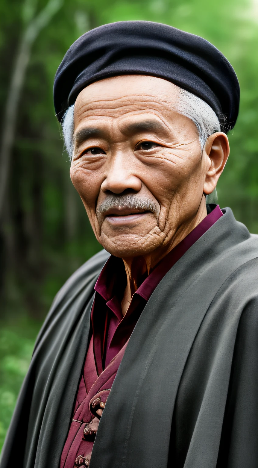 Portrait photography style, world masterpiece, super unique high professional digital art, film format, hyper-realism, color cinematography with ultra-fine details and quality, background is deep in the forest, an old man in rural China, an old man with wisdom. He wears an old cloak and his eyes are kind and shrewd. His body is upright, his skin has been blackened and powerful by the sun and rain, and the wrinkles are fixed on the corners of his mouth and forehead, which makes it seem that his years have precipitated. Although wearing a dark gown, although simple in appearance, it exudes sublime wisdom and a sense of tenacity of strength.