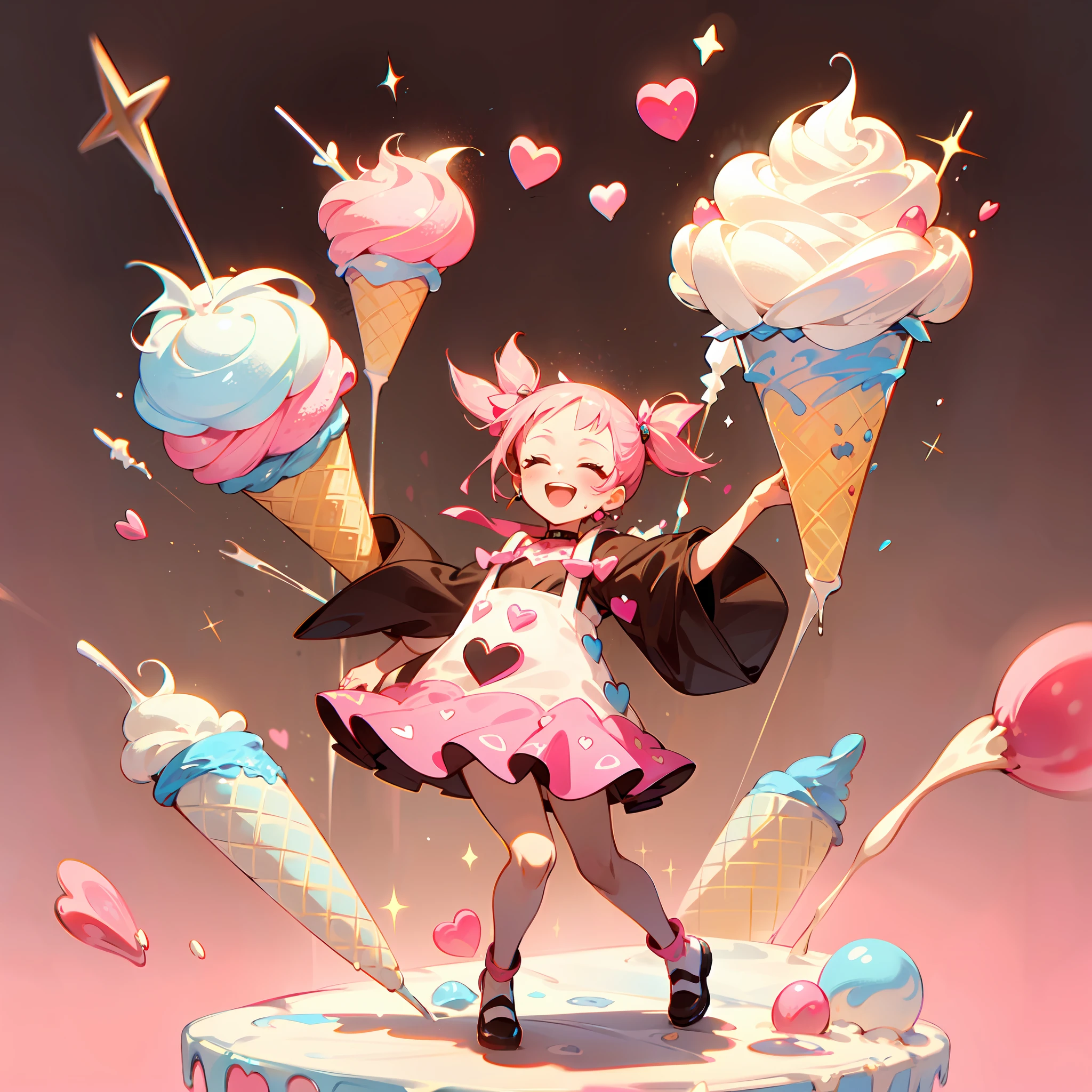 1girl, ice cream, napolitan flavor, ((color palette: brown, pink, vanilla off-white)), pretty, hearts, sparkles, star effects, bokeh, cute, happy, jumping floating, pattern background, ice cream shop, icecream car, 🍦🍨🍭, tasty trifecta of classic ice cream flavors