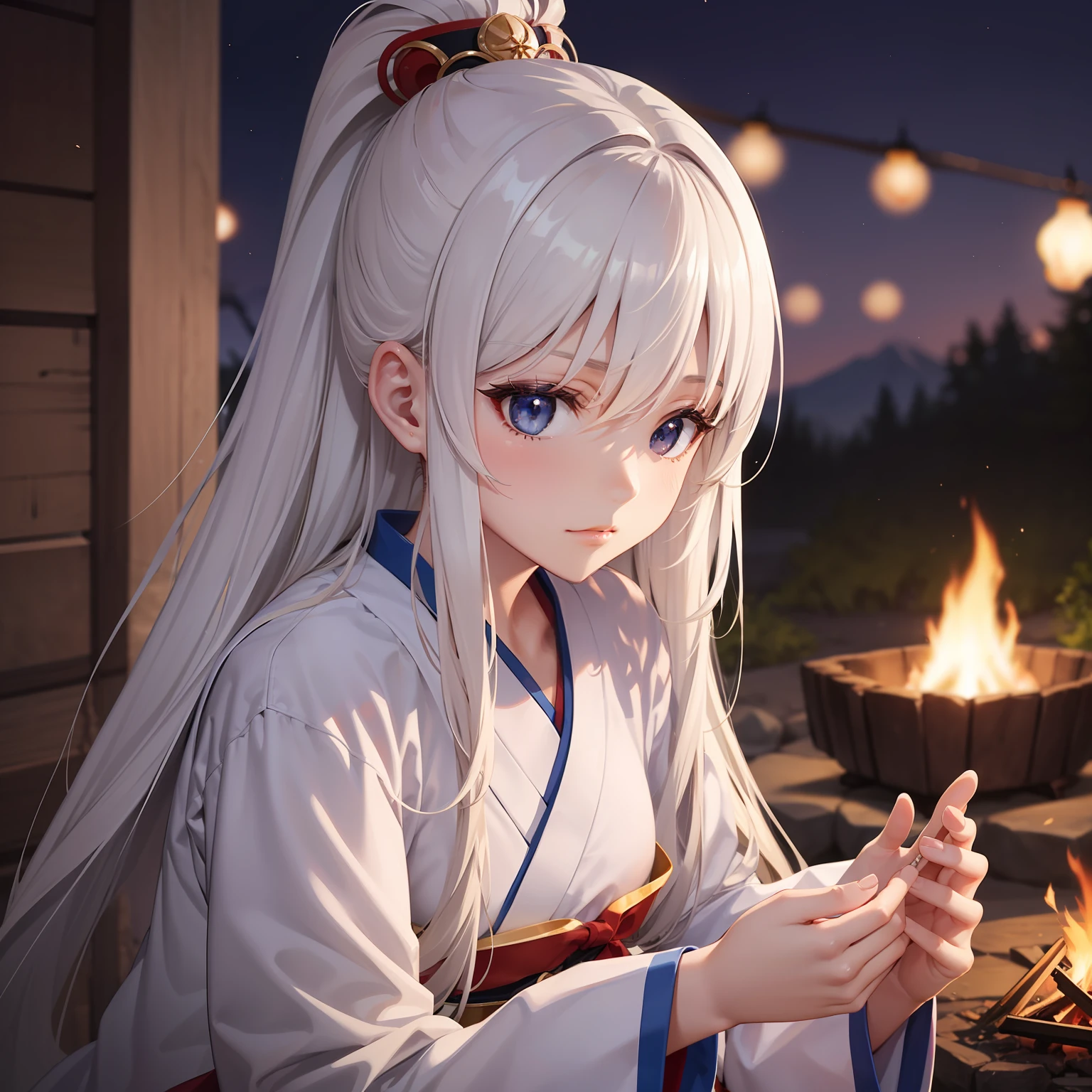 Tell us your image with Japan priestess having a campfire、takeout、nights、Highest quality and detail、Be dynamic and bold、Ority is the highest and most detailed、In an anime style、Seriousness 100%、Technical Capabilities 100%serve、Cute, Delicate, graceful and elegant、