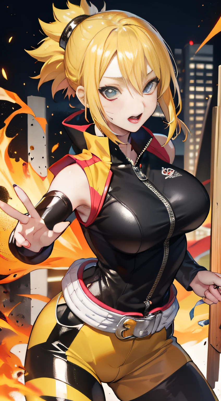 （（（Best Quority））），（（（hyper detailled））），（（（masterpaintings））），（（（manga book））），Cool female Naruto，Female Uzumaki Naruto，The action is exaggerated and handsome，Yellow hair，There are swirls on the face，Naruto Uzumaki yellow ninja suit，Dynamic，Voice bubbles，Fighting，bang between eyes，The background is the ruins of the city after the Great War，Epic cinematic footage。