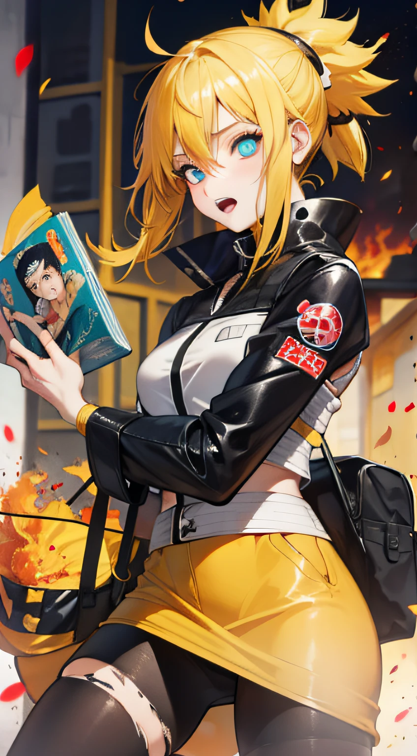 （（（Best Quority））），（（（hyper detailled））），（（（masterpaintings））），（（（manga book））），Cool female Naruto，Female Uzumaki Naruto，The action is exaggerated and handsome，Yellow hair，There are swirls on the face，Naruto Uzumaki yellow ninja suit，Dynamic，Voice bubbles，Fighting，bang between eyes，The background is the ruins of the city after the Great War，Epic cinematic footage。