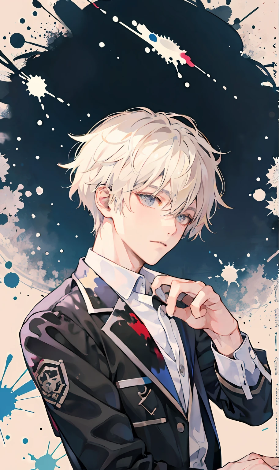 solo, anime boy with platinum blonde hair and black dress shirt with colorful paint splatters, paint splatter design, gray eyes, anime style portrait, best anime 4k konachan wallpaper, anime boy, high quality, masterpiece, neutral expression, hands in pockets