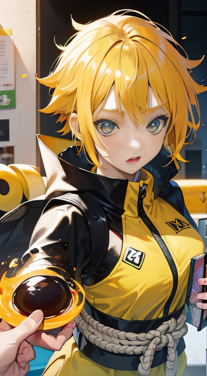 (((Best Quority))),(((hyper detailled))),(((masterpaintings))),(((manga book))),Cool female Naruto,Female Uzumaki Naruto,The action is exaggerated and handsome,Yellow hair,There are swirls on the face,Naruto Uzumaki yellow ninja suit,Dynamic,Voice bubbles,Fighting,bang between eyes,The background is the ruins of the city after the Great War,Epic cinematic footage。