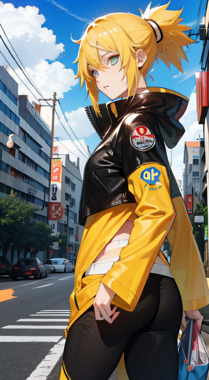(((Best Quority))),(((hyper detailled))),(((masterpaintings))),(((manga book))),Cool female Naruto,Female Uzumaki Naruto,The action is exaggerated and handsome,Yellow hair,There are swirls on the face,Naruto Uzumaki yellow ninja suit,Dynamic,Voice bubbles,Fighting,bang between eyes,The background is the ruins of the city after the Great War,Epic cinematic footage。