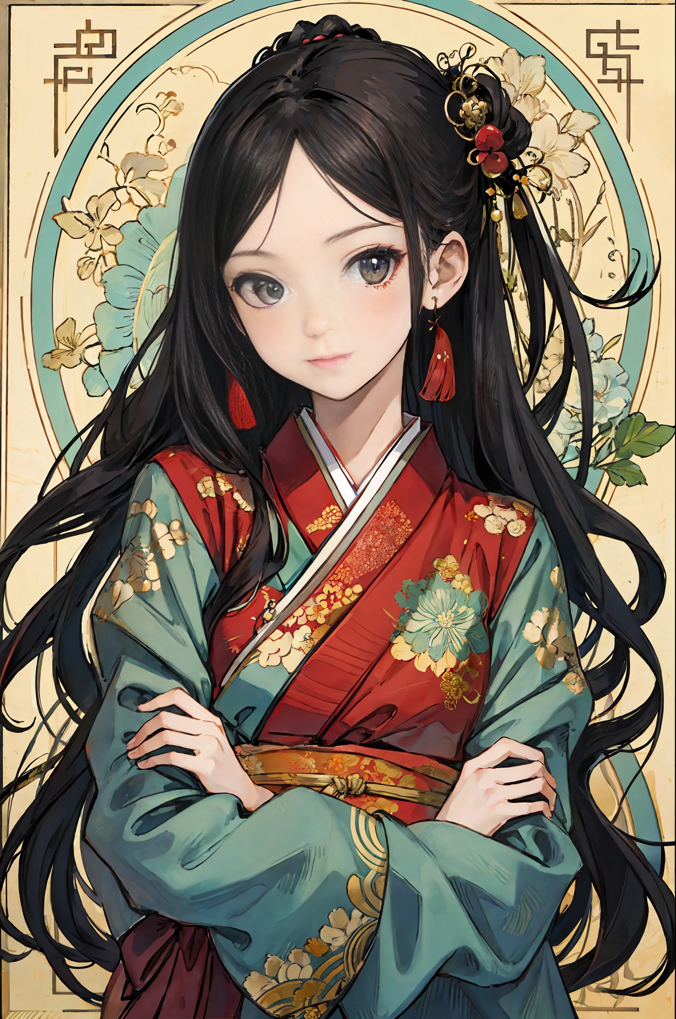 (best quality), oriental detailed background,girl in bionical arms,