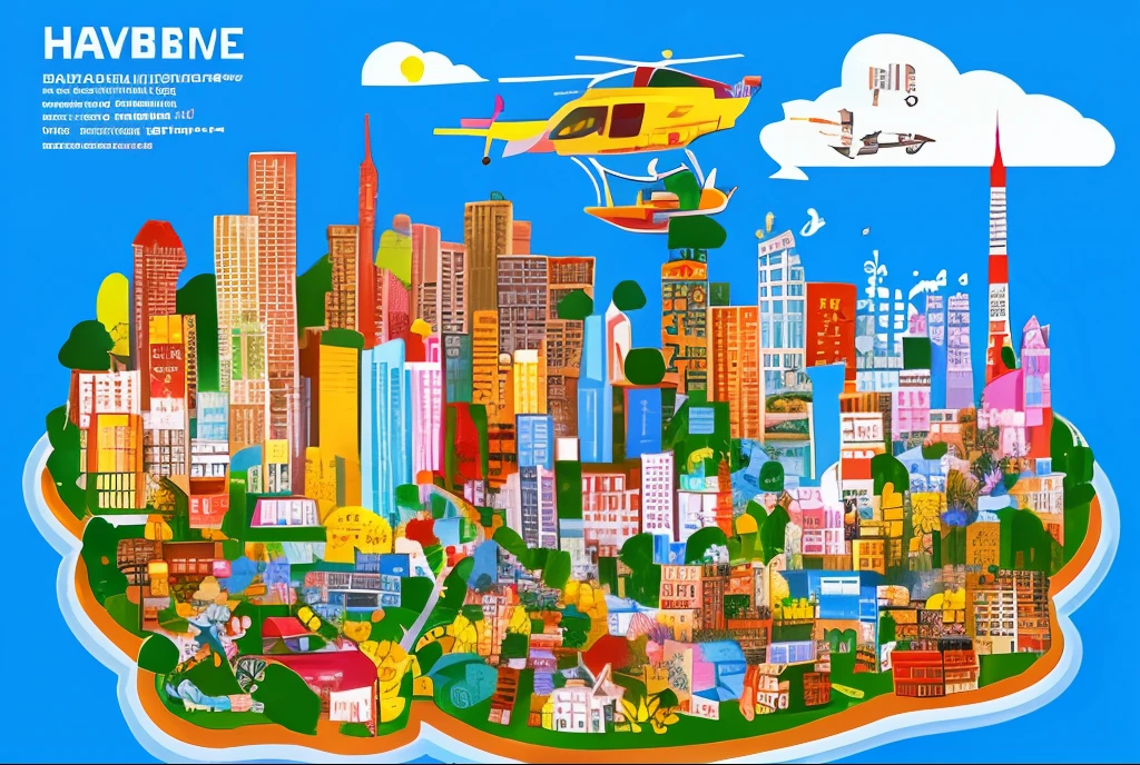 a cartoon illustration of a city with a helicopter flying over it, colorful city, colorful illustration, japanese city, tokyo - esque town, beautiful city of the future, toyko, city of the future, vibrant tourism poster, city scape, tokyo city, highly detailed illustration, busy city, detailed scenery —width 672, 4 k hd wallpaper illustration, townscape
