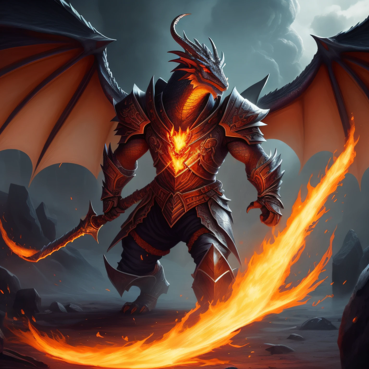 (obra-prima, melhor qualidade), Robust dragon with sharp wings, an intense bright volcanic clarity that bathes the purple armor with a magical aura. The dragon sword still drips fire while holding an ancient grimoire with one hand, powerful and imposing in a scenario of volcanic flames. --auto