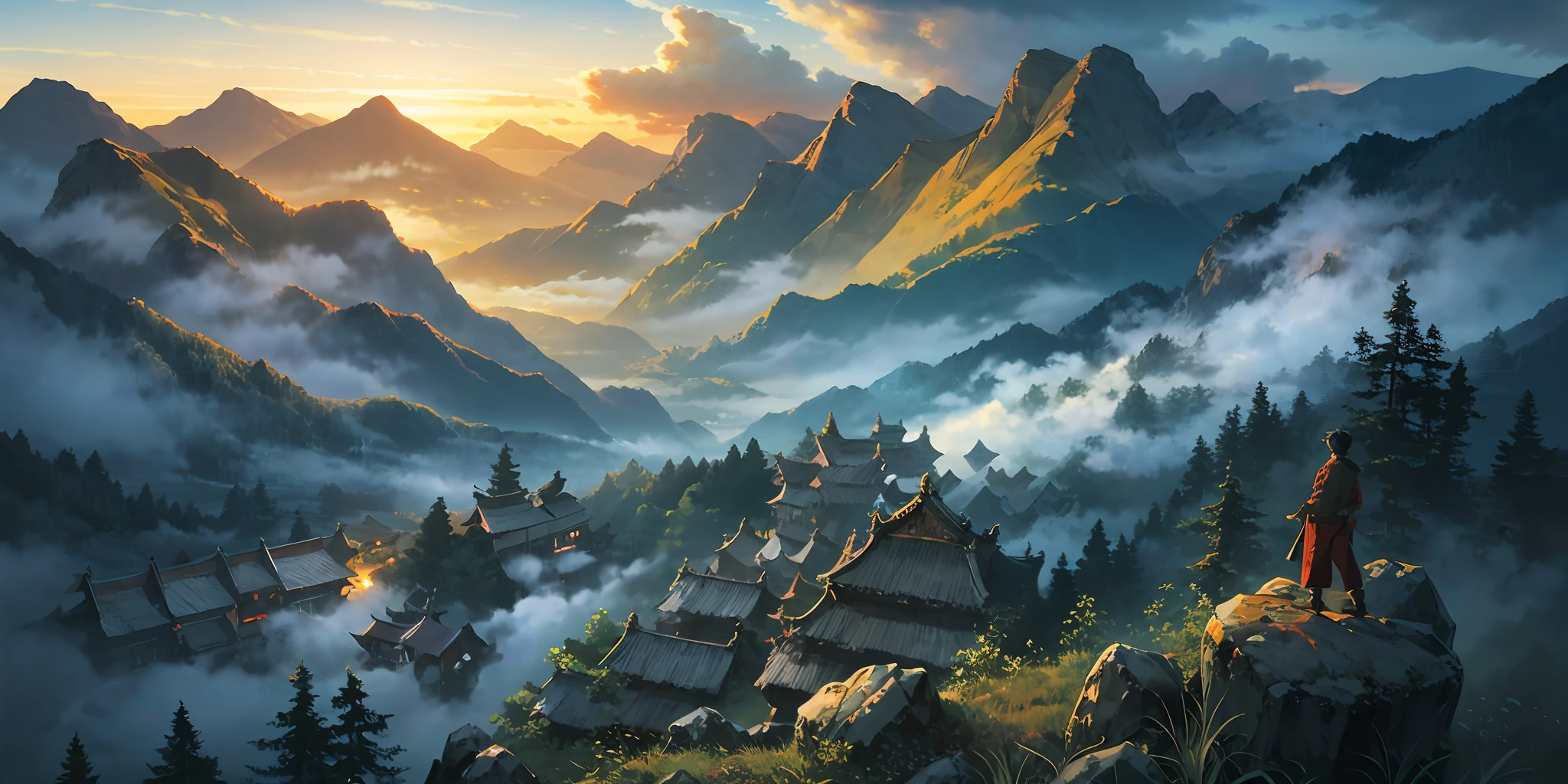 “（（masterpaintings）），High quality，Super meticulous，A majestic ancient Chinese city deep in the mountains，surrounded by cloud，Miao Miao rises smoke，stunning lighting effects，A spectacle of pure natural beauty。”