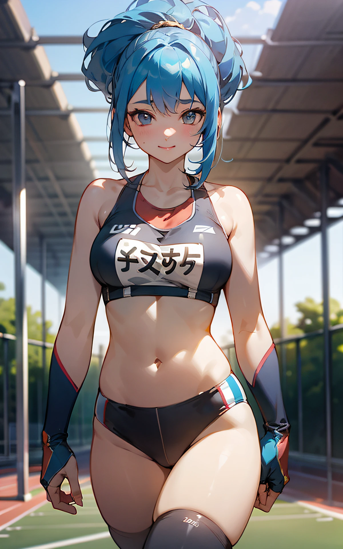 (Original Character、Unity 16K Wallpaper, Masterpiece, Best Quality, Ultra-Detailed, Extremely Detailed CG, Caustics, Cinematic Lighting, Detailed, Beautiful Detailed Eyes, solo), Ultra High Resolution, fine skin, (track and field:1.2) 、(strong light)、oily skin,smile , from front:1.2、(sexy women)、Arena、full body shot、separate、racing bloomers、show off belly,show off neck,sunny day、cowboy shot,blue hair
