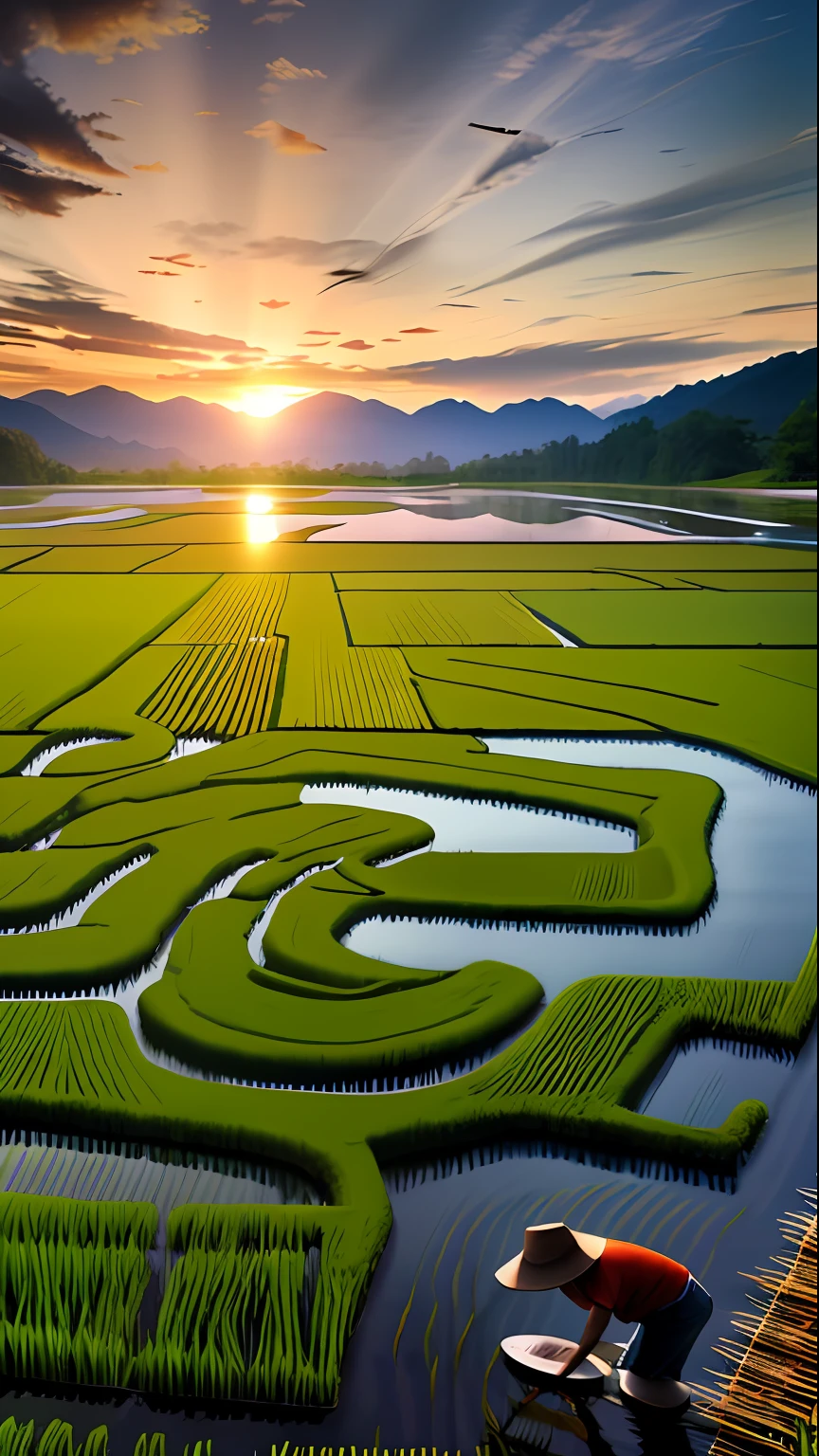 Ultimate quality,CG Unity 8k wallpaper,Super delicate,illustration,Cyan sky and earth,Man bends down to plant rice in a paddy field,There are rice seedlings in the water, production art, Excellent view,HDR high dynamics,True restore,intricated,Attention to detail,Perfectly presented