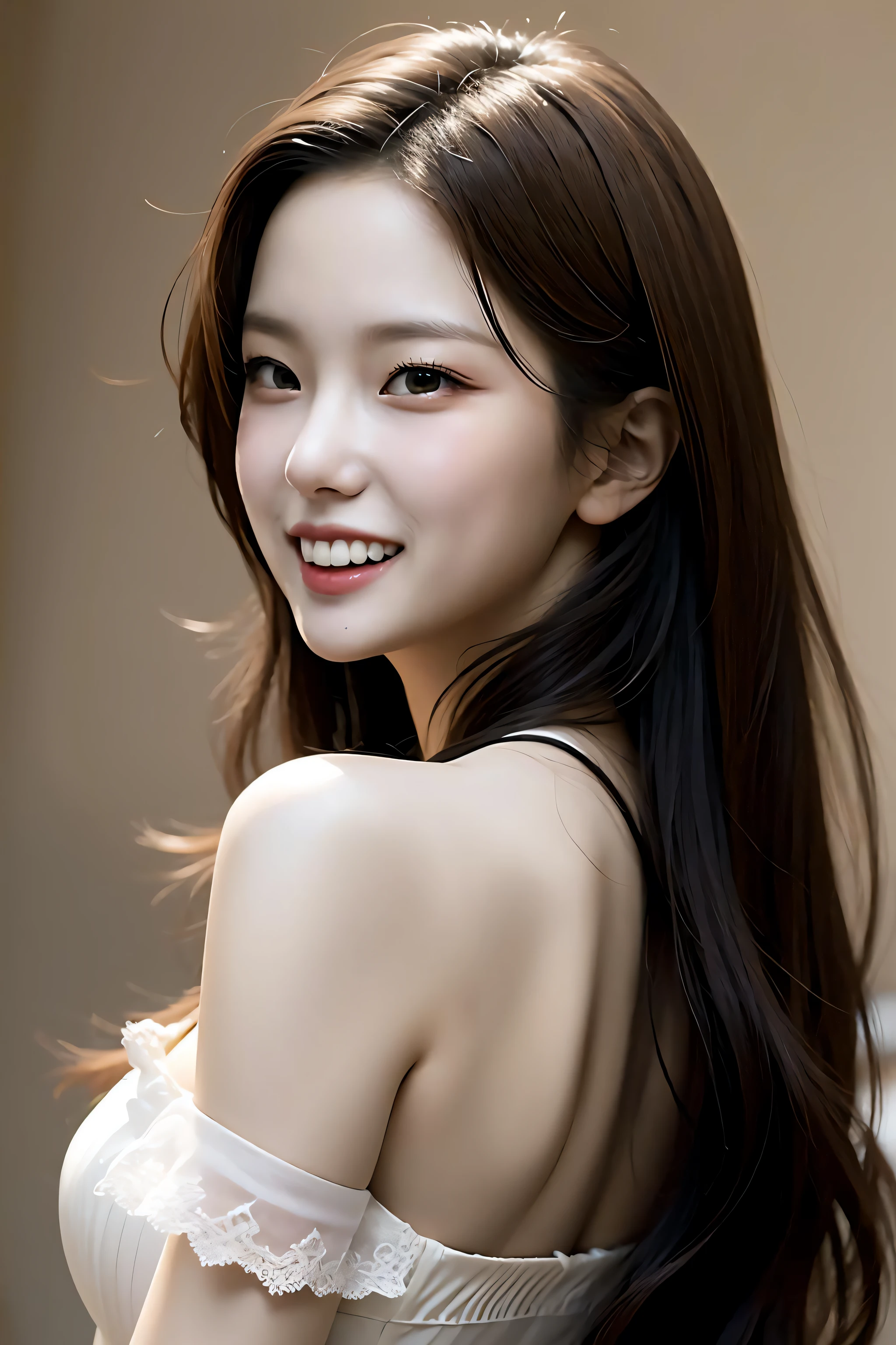 Best quality, masterpiece, ultra high res, (photorealistic:1.4), 1girl, solo, looking at viewer, long hair, smile, realistic, brown hair, portrait, teeth, simple background, lips, mole, brown eyes, looking back, black eyes, signature, bare shoulders, forehead, grin