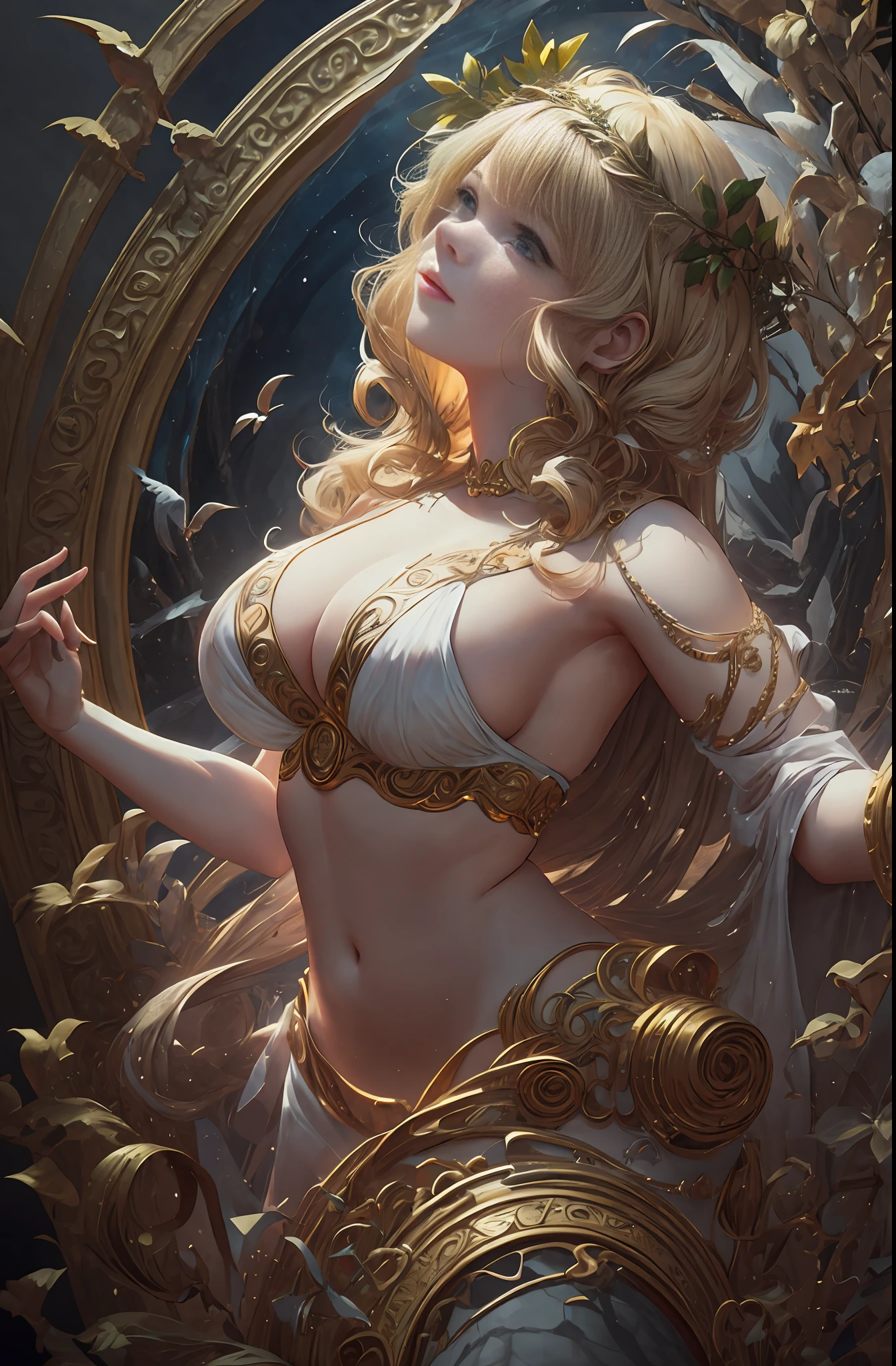 1girl huge large breasts,Greek goddess,Vi delicate and beautiful face,golden hair,Various hairstyles,Garland crown,voluptuous breasts,Convex buttocks,greek clothes,Tulle covers the breasts,perfectly proportioned, Detailed clothing details,Temple,marble,god statue,World Tree,Cinematic lighting, filmgrain, Fujicolor, lightand shade contrast, 8K, 巨作, Textured skin, Super detail, high detailing, High quality, A high resolution,