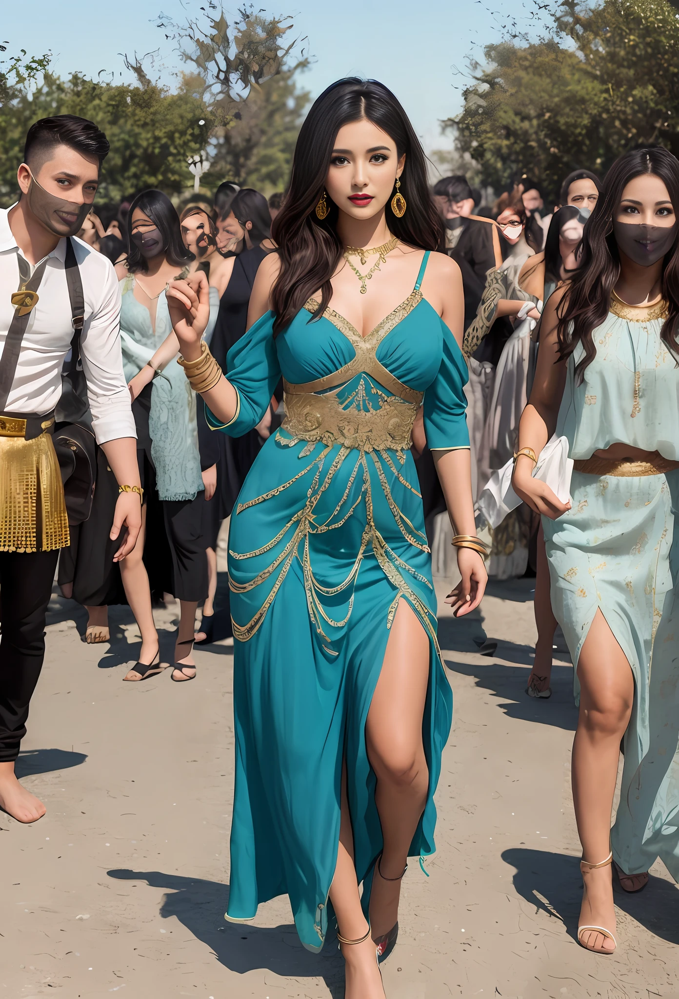 (masterpiece, best quality, realistic),
1girl, background, gypsy dress, dancing, intricate, teal dress, gold, gypsy person, banquet, crowd, picking up skirt, darker skin,
[slight smile],