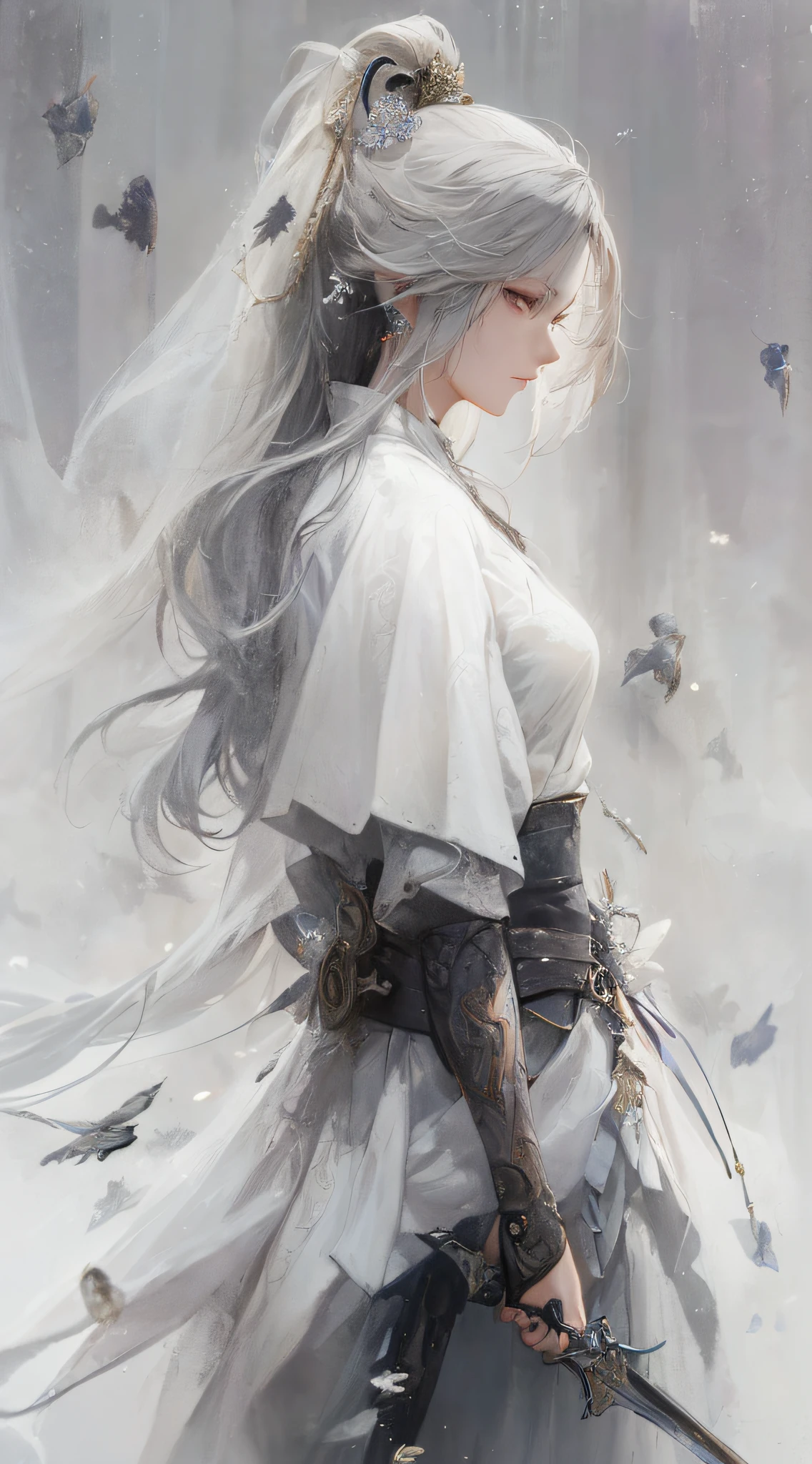 a close up of a woman with a sword in a white dress, a character portrait by Yang J, trending on cgsociety, fantasy art, beautiful character painting, artwork in the style of guweiz, guweiz, white hanfu, flowing white robes, full body wuxia, epic exquisite character art, stunning character art, beautiful female assassin